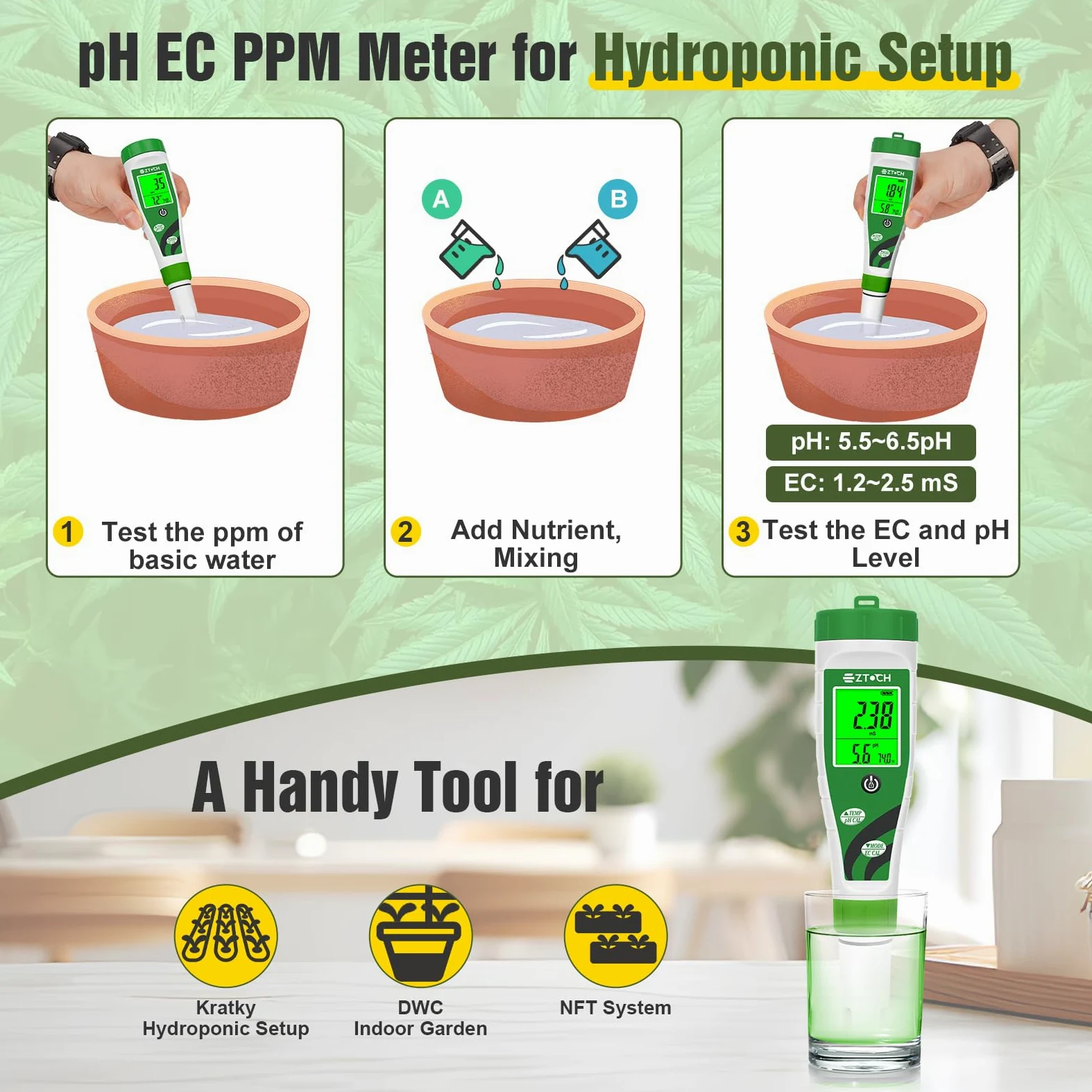 Medidor hidropónico de pH EC PPPM, medidor de pH TDS con visualización simultánea para solución de nutrientes de depósito, medidor de pH EC para configuración de sistema DWC hidropónico de agua