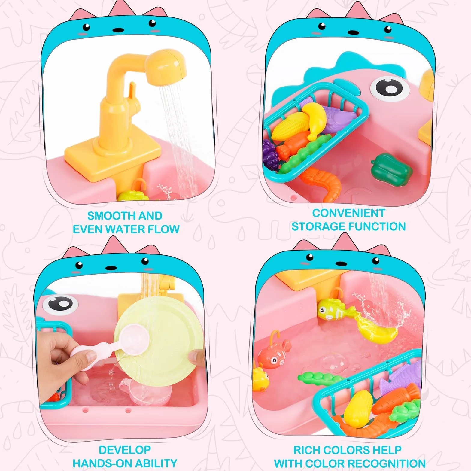 Fregadero de Juguete de Cocina con Agua Corriente, Juguetes de Pesca, Rosa