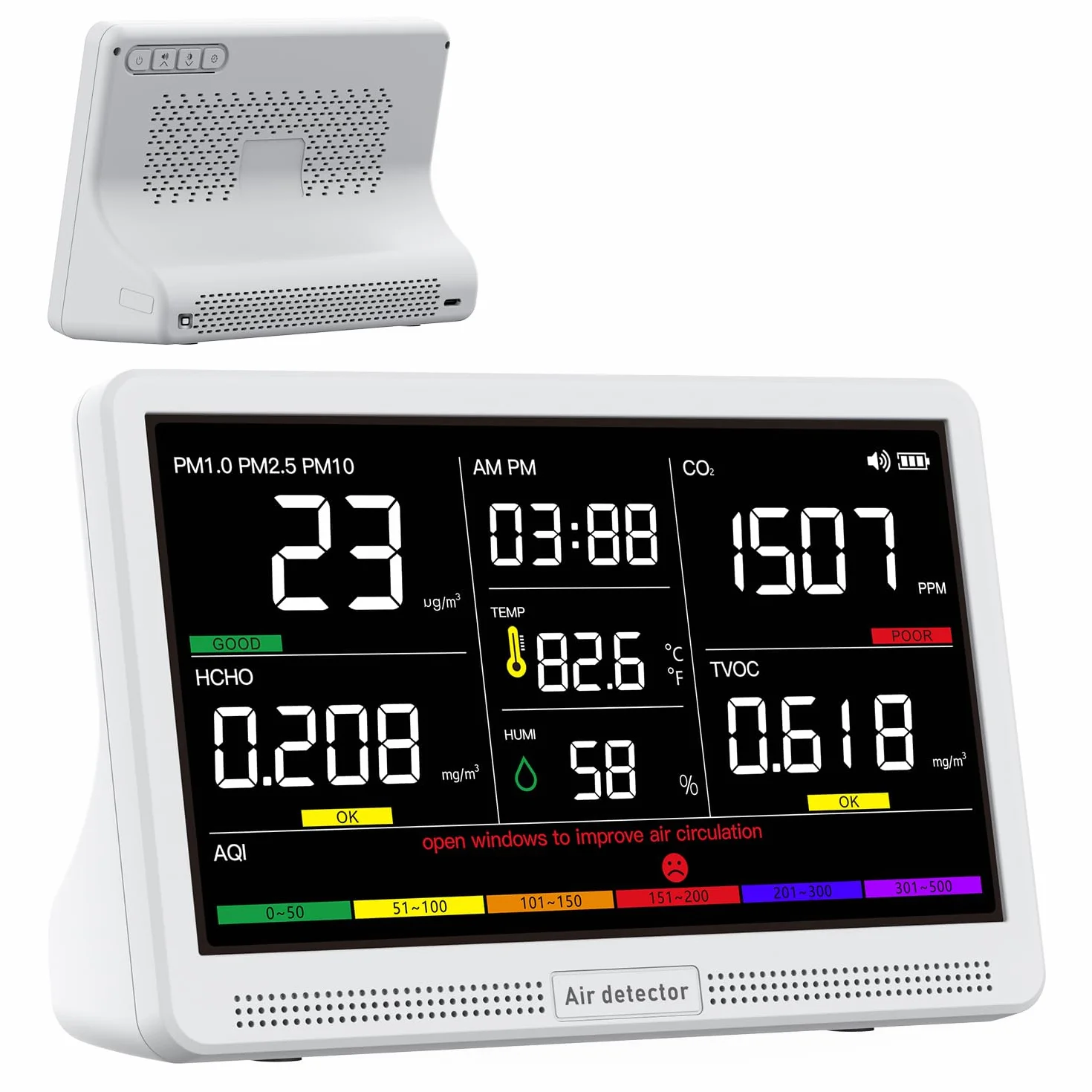 bonoch Monitor de Calidad del Aire 16 en 1 para Interiores con Pantalla de 7" – 9 AQI + 7 Alertas AQI – Medidor de CO2, TVOC, PM2.5, PM1.0, PM10, HCHO, Temperatura, Humedad, AQI y Hora – Para Hogar