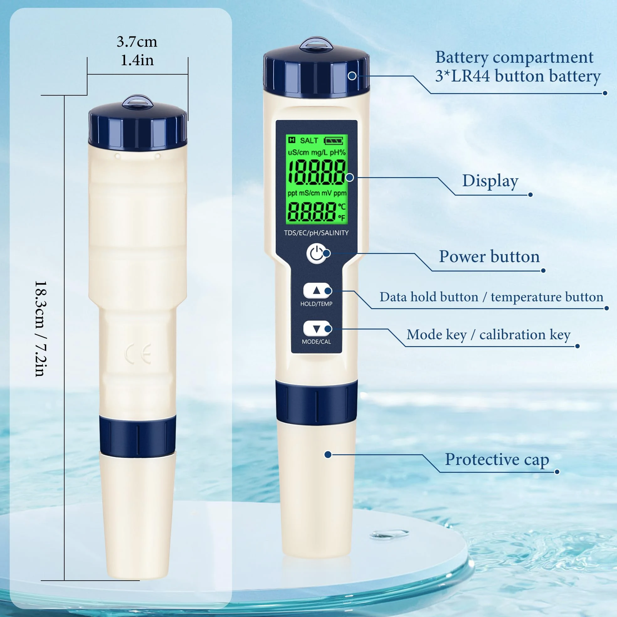Medidor de pH y medidor de pH digital, probador de agua 5 en 1, probador de salinidad de pH de temperatura EC y TDS, medidor de pH para agua con retroiluminación LCD, kits de prueba de agua para agua