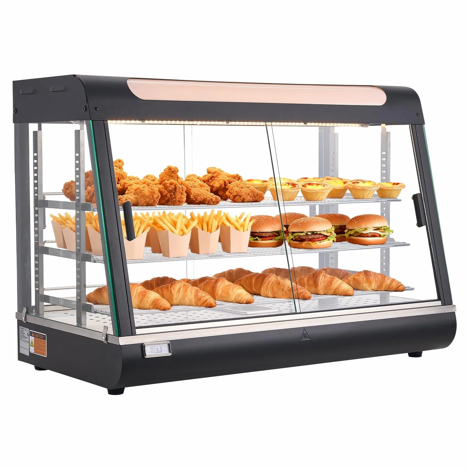 VEVOR Vitrina de Calor 3 Niveles 1400 W Expositor Calentador de Alimentos 130 L Luz LED Estantes Extraíbles