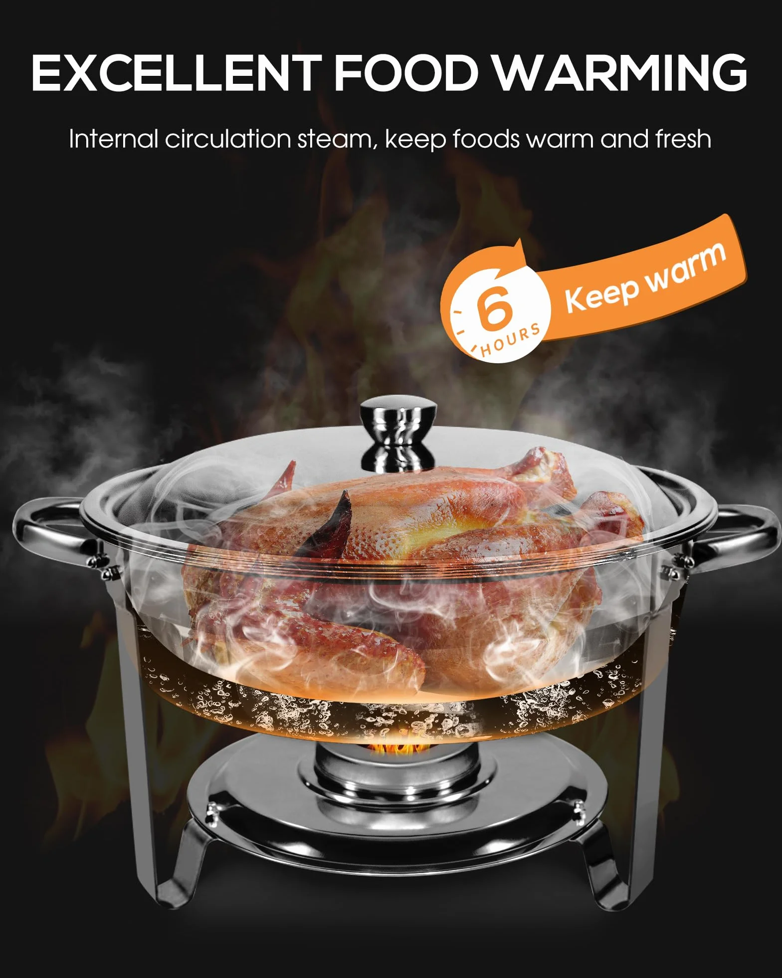 Chafing Dish Buffet Set 5L 2 Fuentes Redondas Acero Inoxidable Grado Alimentario Borde Enrollado Seguro Porta Tapas Acabado Espejo Calentador Alimentos