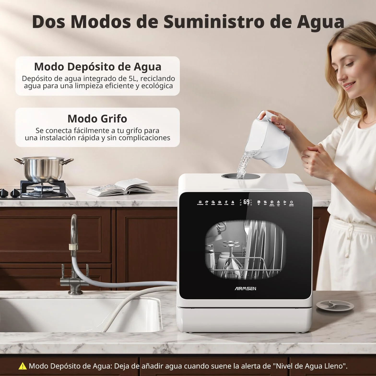 AIRMSEN Mini Lavavajillas Portátil 5L 8+3 Programas Inicio Diferido 1-18h Ablandador Agua Bloqueo Infantil