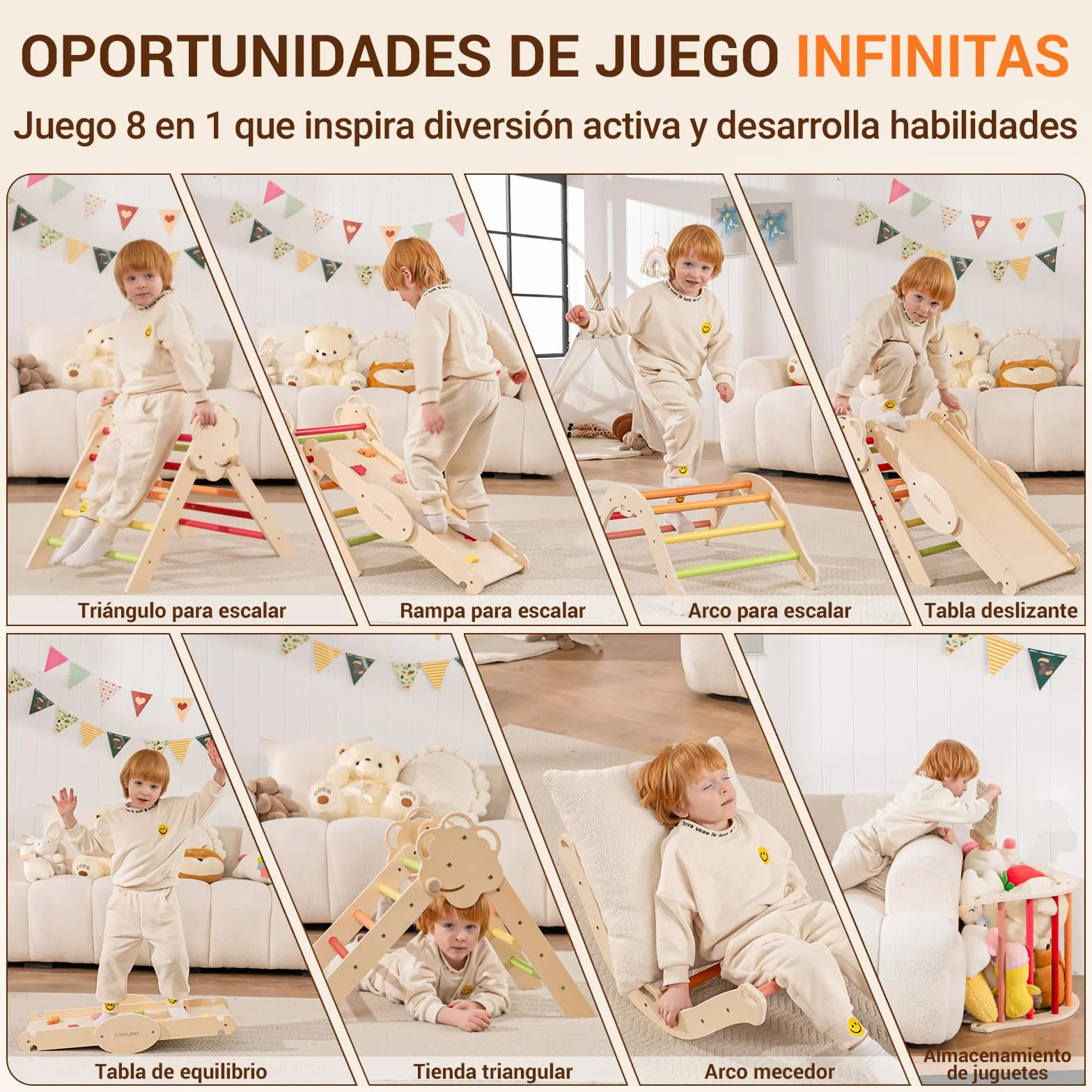 COSYLAND Triángulo de Escalada Montessori 8 en 1 con Arco y Rampa, Juguete de Madera para Niños 18 Meses-6 años