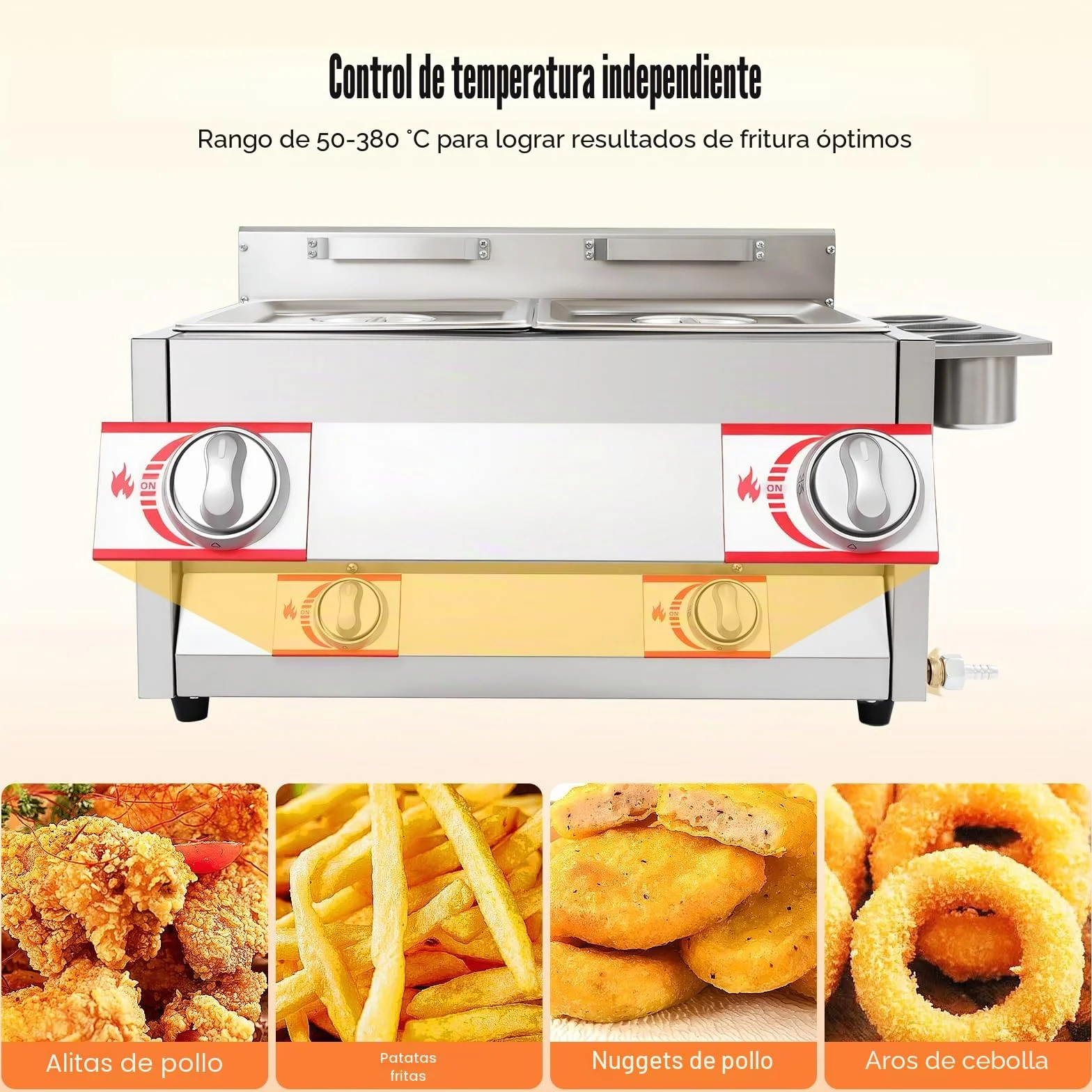 Freidora de gas doble con 2 cestas, freidora de propano de acero inoxidable, rango de temperatura 50-380 °C, freidora de gas con 3 contenedores para especias para familias, restaurantes, bocadillos