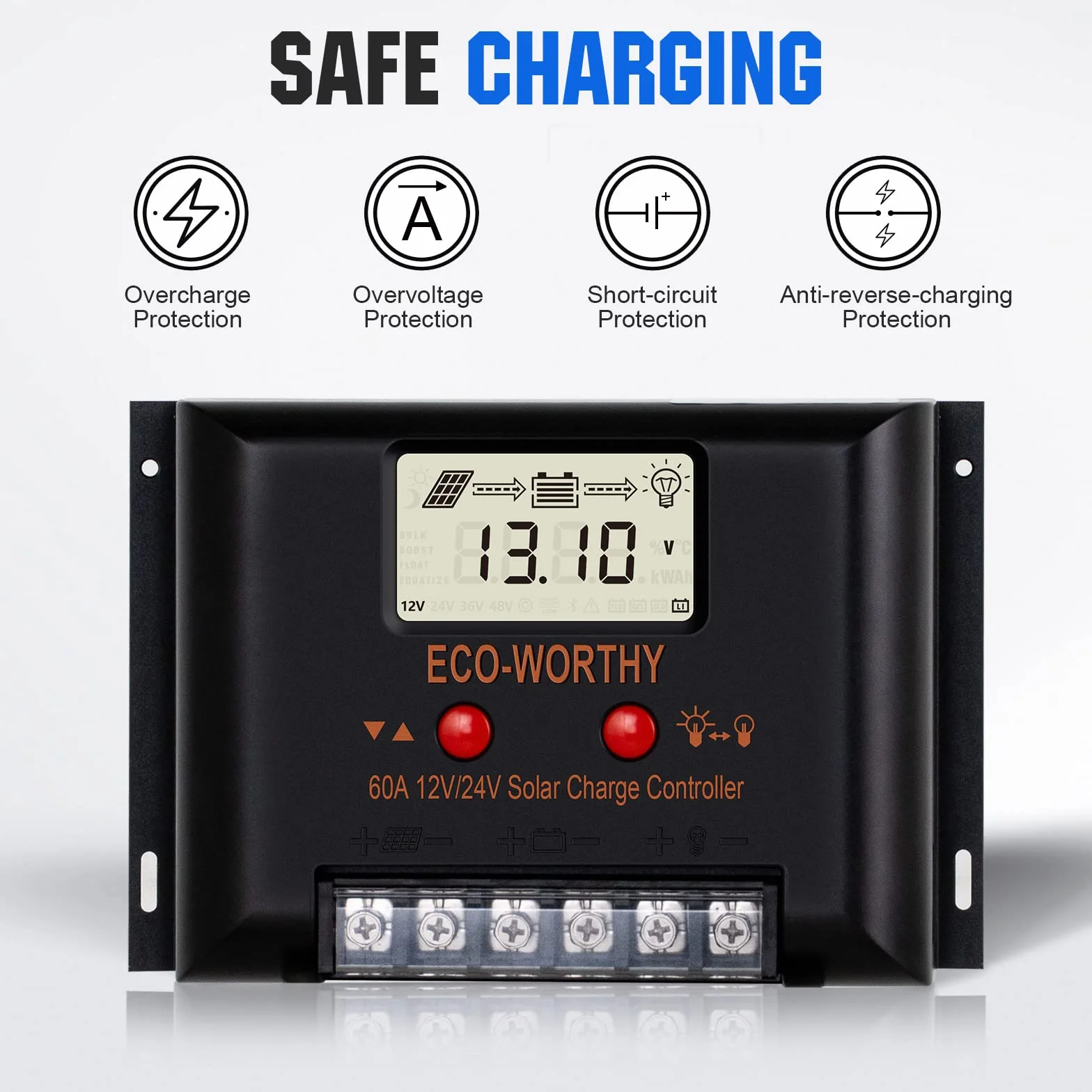 ECO-WORTHY 480W 24V 2KW-h/día kit solar con bateria sistema completo para el hogar Shed:4pcs 120W panel solar monocristalino + 2pcs 50AH batería de litio + 60A controlador solar + 1500W inversor