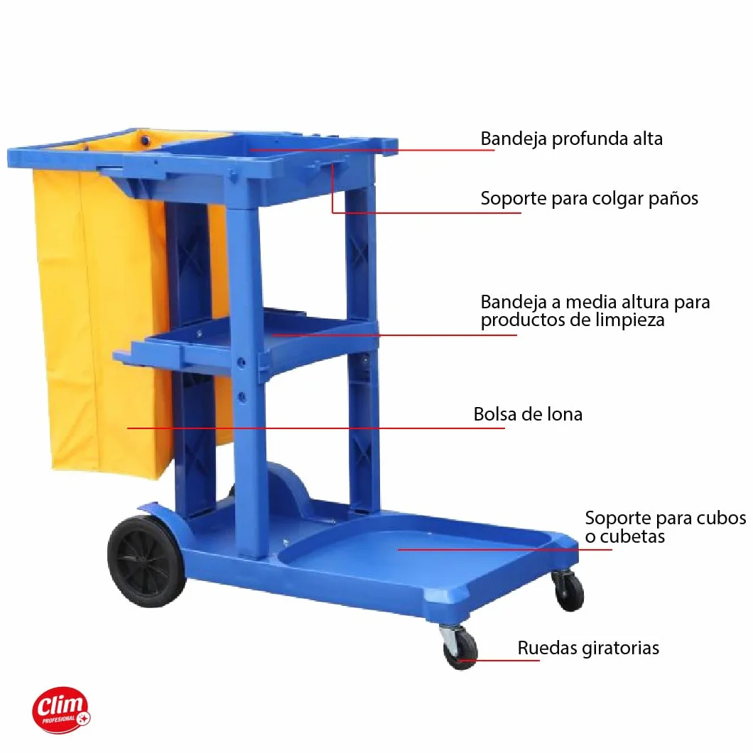 Clim Profesional - Carro de Limpieza Multifuncional Profesional | Equipado con Ruedas y 3 Bandejas | Ideal para Hostelería y Grandes Superficies, Azul y Amarillo, Plástico