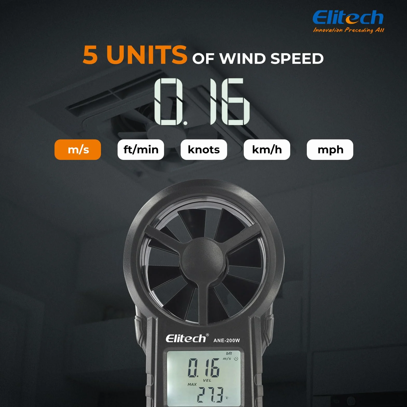 Elitech Anemómetro Digital Bluetooth ANE-200W Medidor Velocidad Viento Temperatura USB CFM/CMM