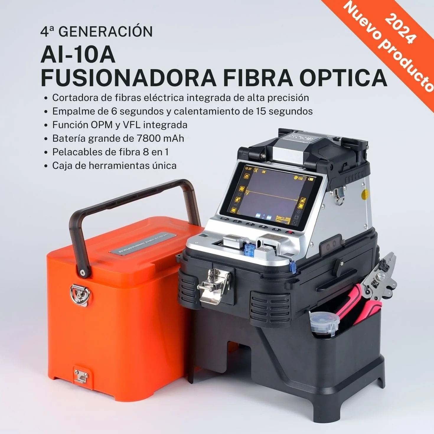 Fusionadora de fibra óptica AI-10A con cuchilla eléctrica OPM VFL empalmador de fusión 4ta generación 7800 mAh
