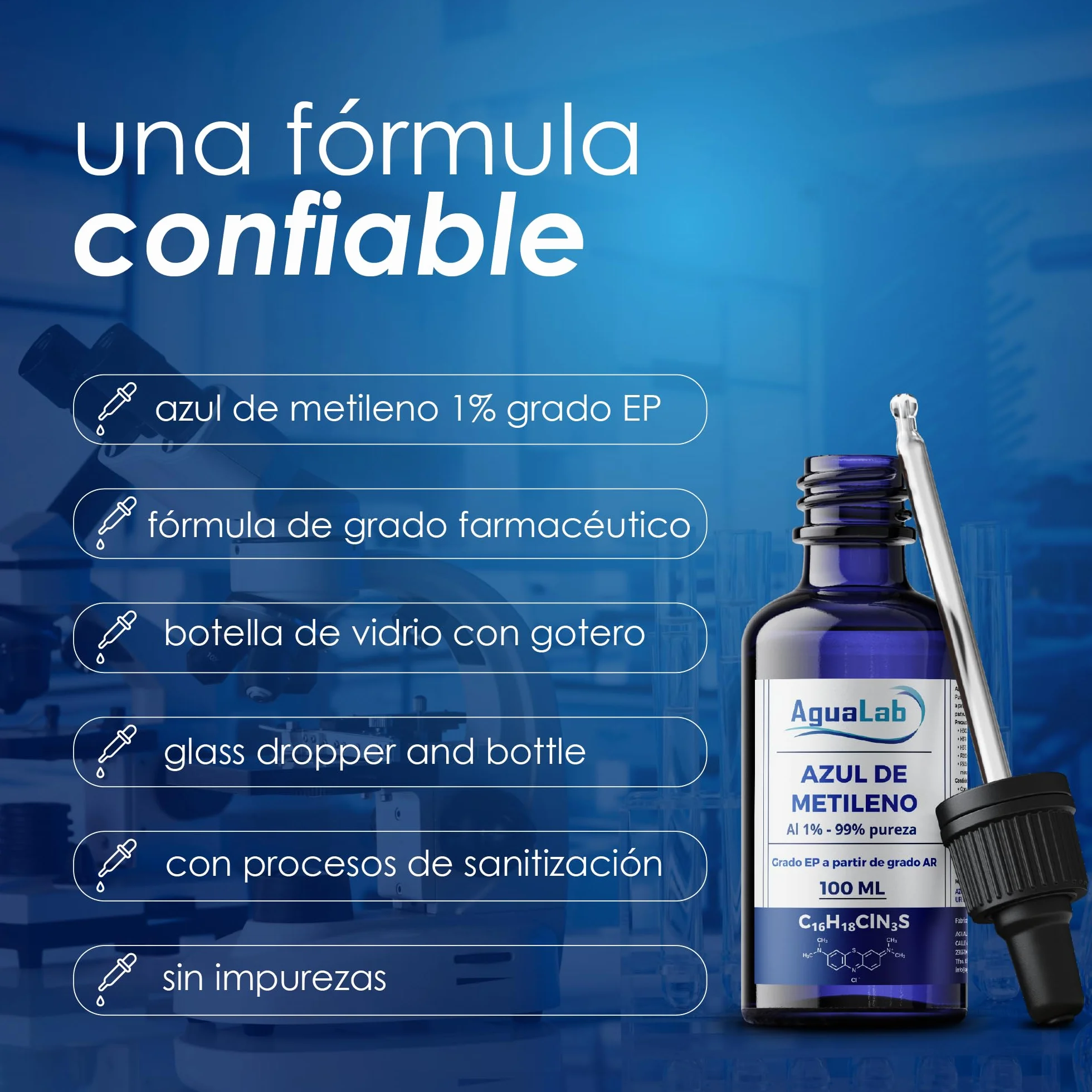 Solución de Azul de Metileno 1% EP-USP 99% 100 ml Grado Farmacéutico Vidrio Azul Protector UV con Gotero