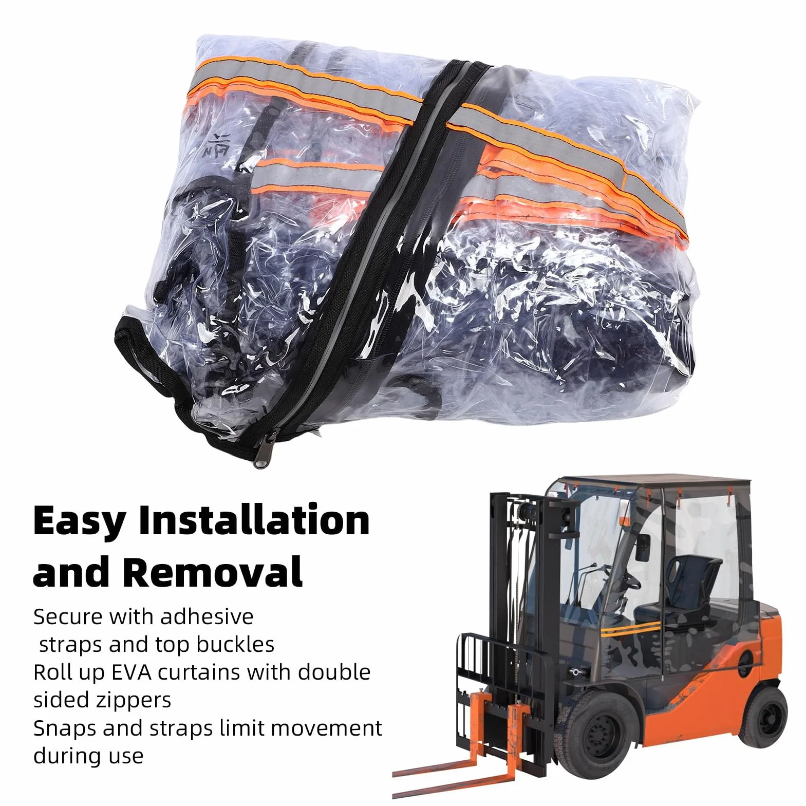 Focket Funda Universal para Montacargas, Resistente a la Lluvia, Transparente e Impermeable, para Cabina de hasta 2700 Kg, con Franjas Reflectantes para Lluvia, Nieve y polvo.