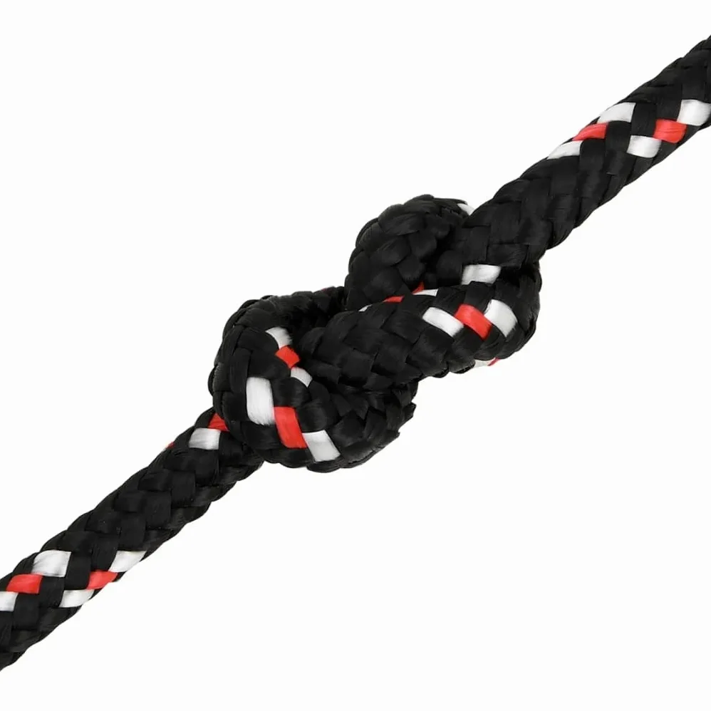 Cuerda de polipropileno negro de 10 mm de grosor, 25 m de longitud, 43 g por m, 645 kg de resistencia a la rotura, resistente a la intemperie para vela, barco, camping, fijación y seguridad