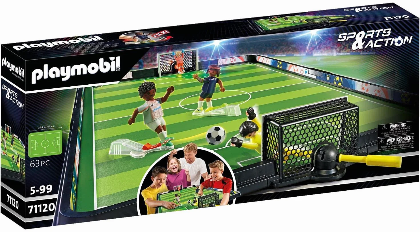 PLAYMOBIL Sports y Action 71120 Campo de fútbol, Futbolín para niños, 2 porteros, 2 futbolistas con función de Patada, 3 balones