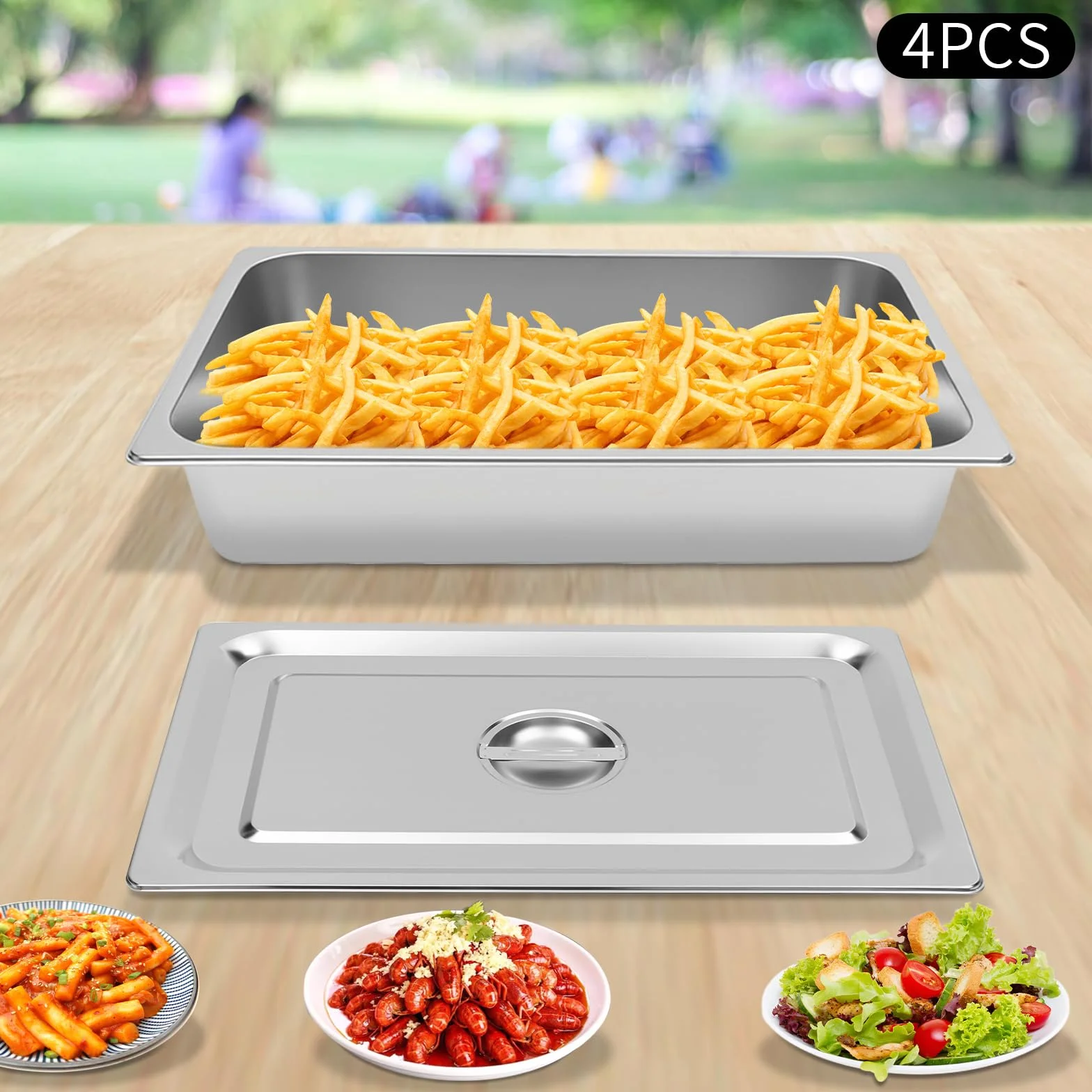 Juego 4 recipientes para comida acero inoxidable rectangular tapa buffet catering plateado