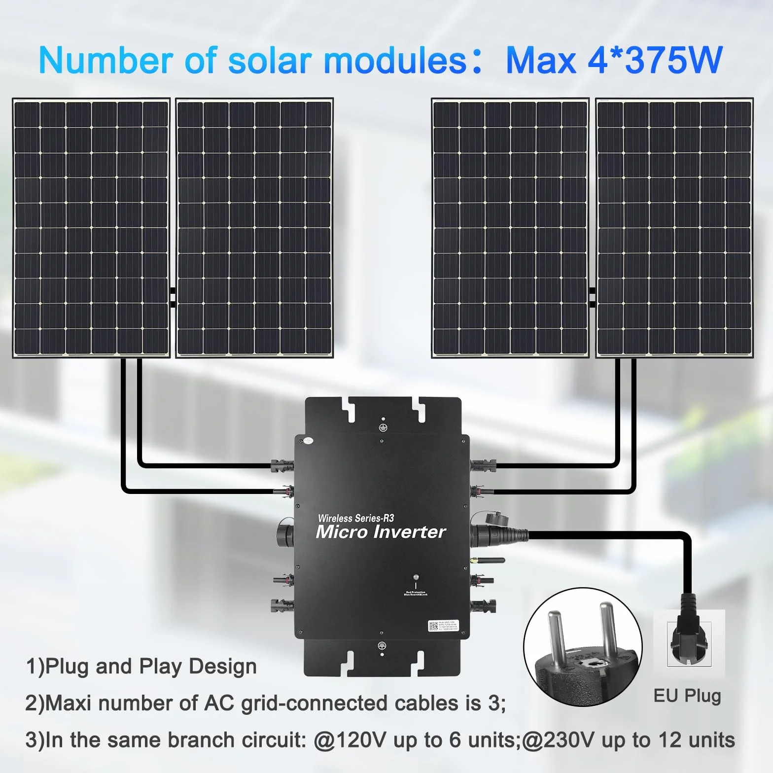 Microinversor 1200W inversor fotovoltaico con WiFi y Bluetooth,Entrada DC 20-60 V,Plug & Play inversor Solar Inteligente para Sistemas solares en Balcones