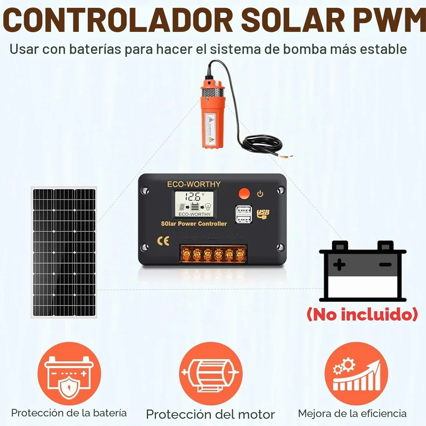 DCHOUSE Juego de bombas solares de 200 W, bomba de pozo de 12 V + 2 paneles solares de 100 W + controlador – Riego autónomo y agua para ganado – Entrega en 2 paquetes