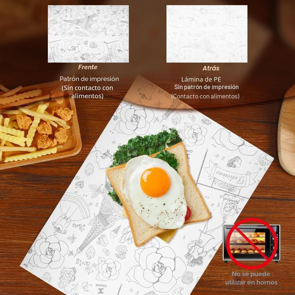Papel Antigrasa Alimentos 36×26 cm Papel Encerado Resistente al Aceite para Cocina Hamburguesas Papas Fritas