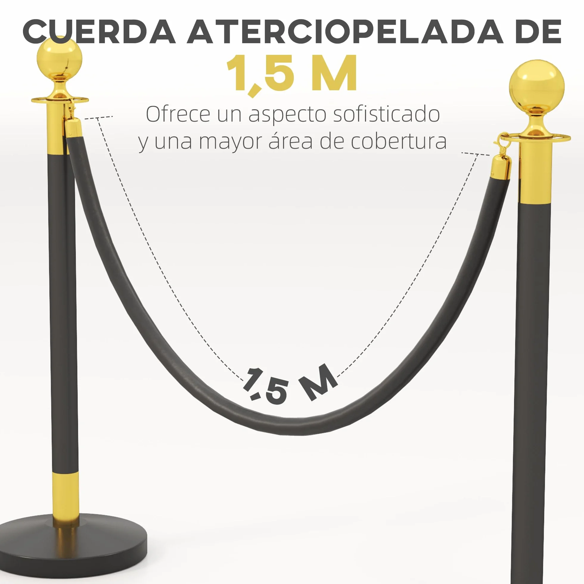 HOMCOM Postes Separadores de Acero Inoxidable 96 cm, Base de Agua, Cuerda de Terciopelo 1,5 m, Negro
