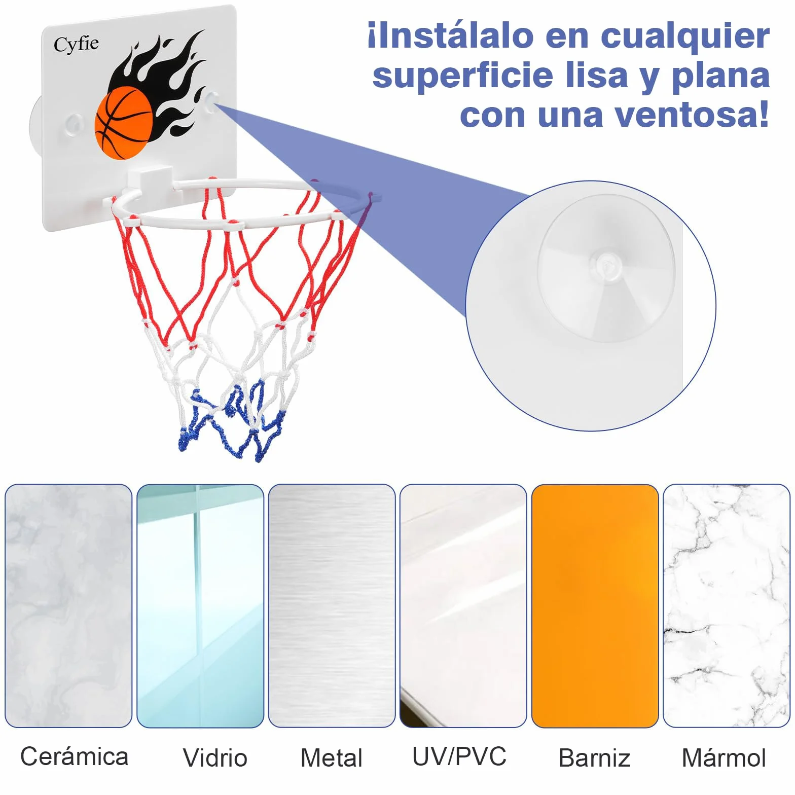 CYFIE Mini Canasta Baloncesto Infantil Interior con Ventosas, 3 Balones y 1 Bomba de Aire