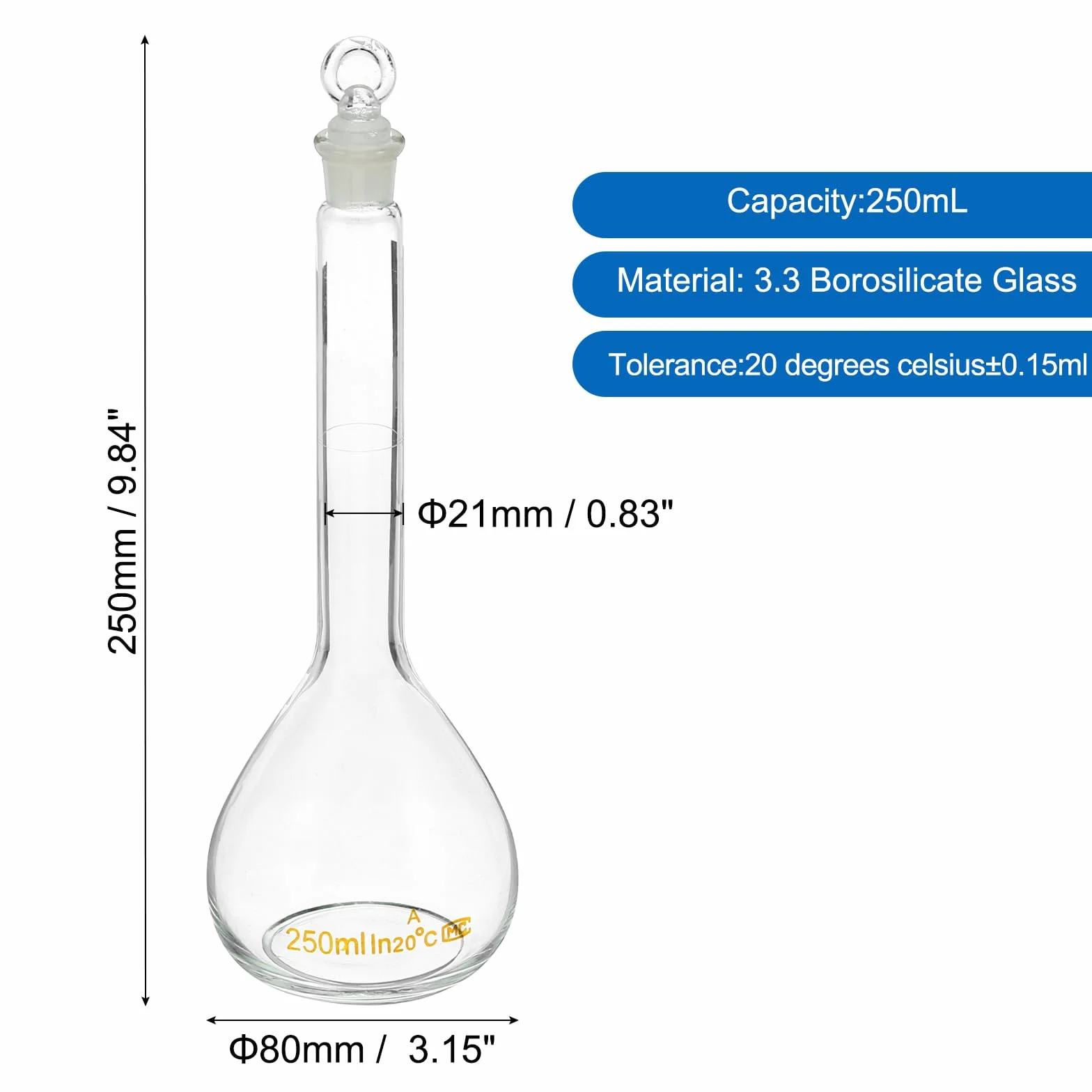 Matraz Volumétrico de 250 ml, Vidrio Borosilicato 3.3 con Tapón, Graduado Transparente