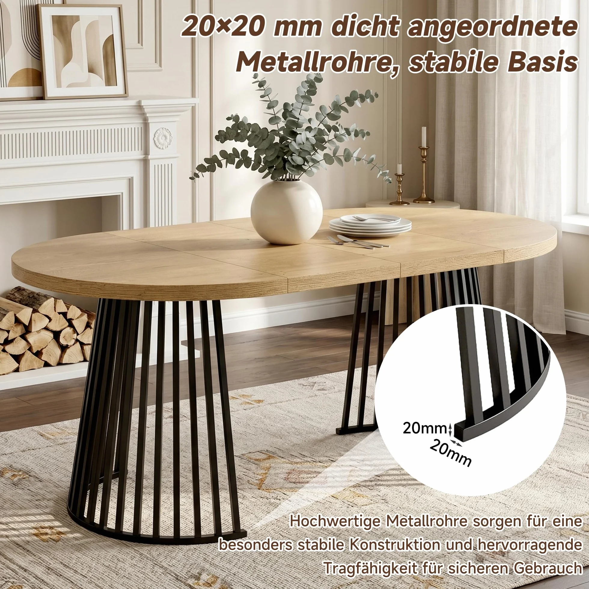 Wiuzo Mesa de comedor extensible de 100/138/176 x 100 cm, mesa de comedor redonda para 4-8 personas, diseño telescópico de dos piezas, tablero grueso (color roble + negro)