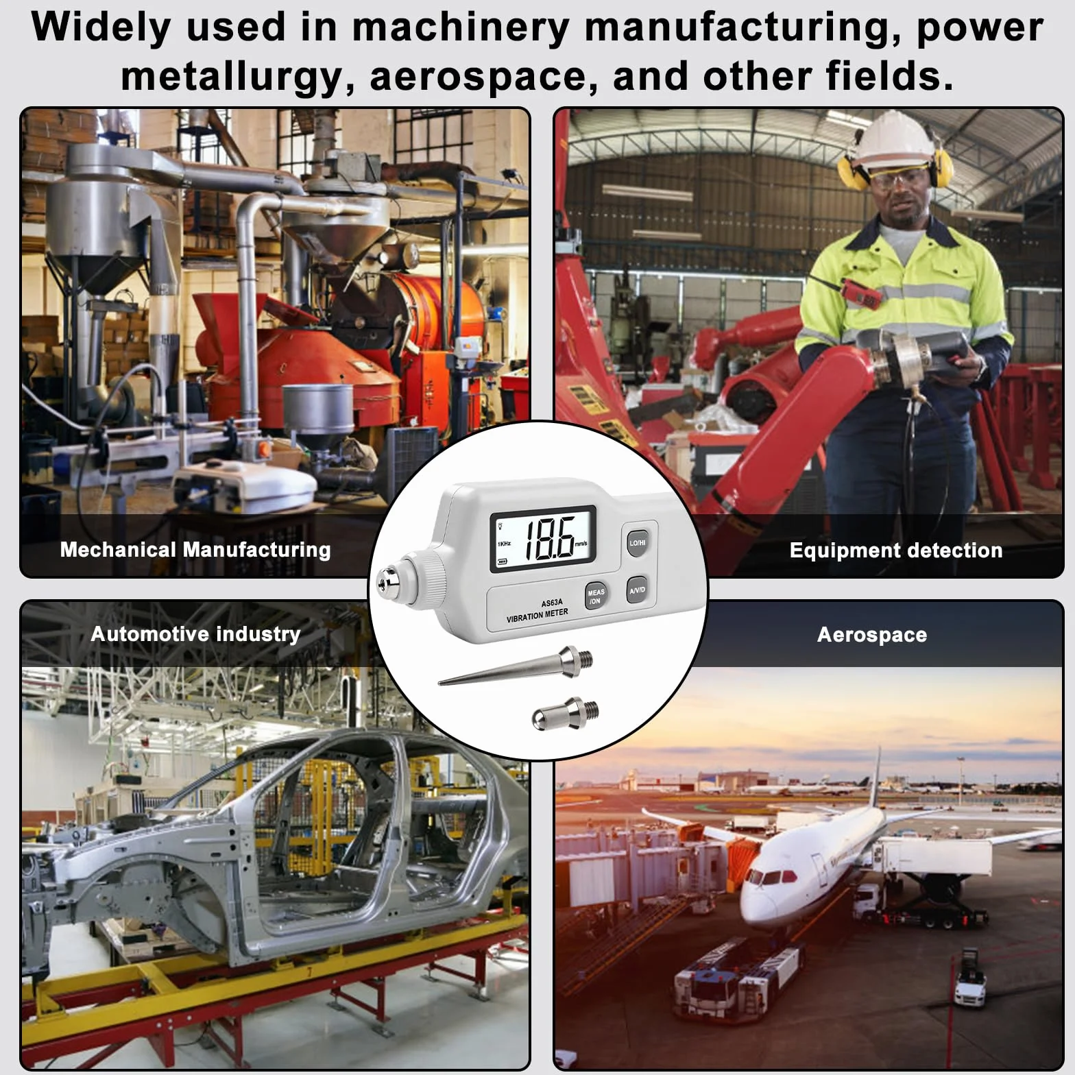 AS63A Medidor de Vibraciones, Medidor Digital de Vibracion,Analizador de Vibraciones con pantalla LCD Medición de aceleración,velocidad y desplazamiento,para Industria,Construcción,Automoción
