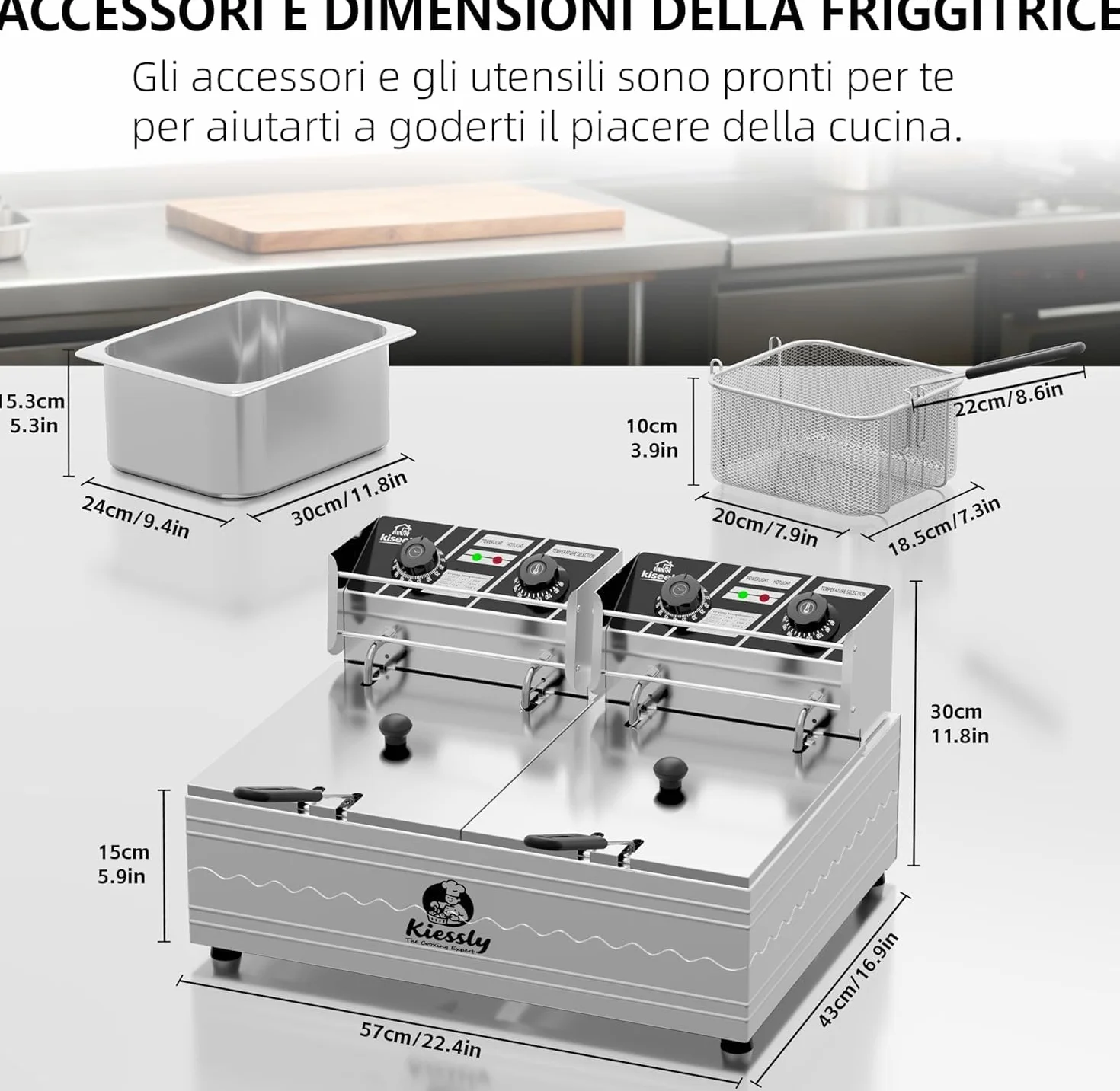 Freidora eléctrica de 20L, freidora comercial de 3500W con cestas y tapas, freidora de cocina de acero inoxidable con doble tanque y control de tiempo y temperatura (Freidora doble de 20L)