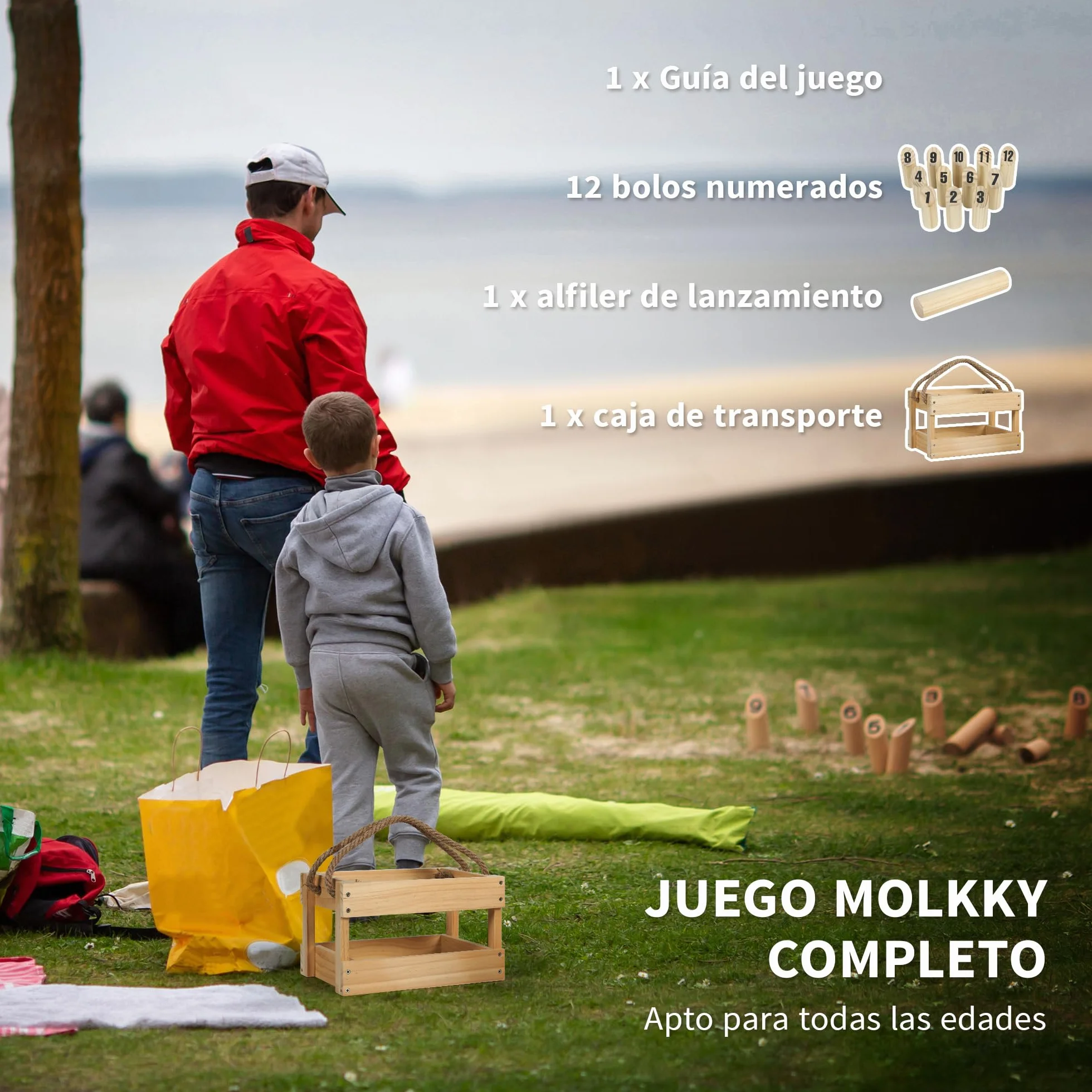 SPORTNOW Juego de Bolos Finlandeses, 12 Bolos de Madera de Pino, Palo de Lanzamiento, Caja de Transporte, Juego al Aire Libre para Adultos