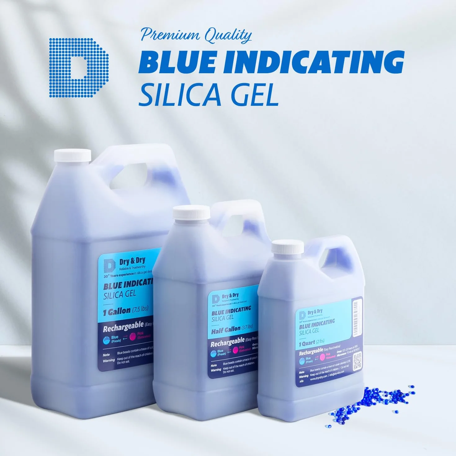 Dry & Dry Cuentas de gel de sílice indicadoras de desecante, 2 libras, reutilizables, azul