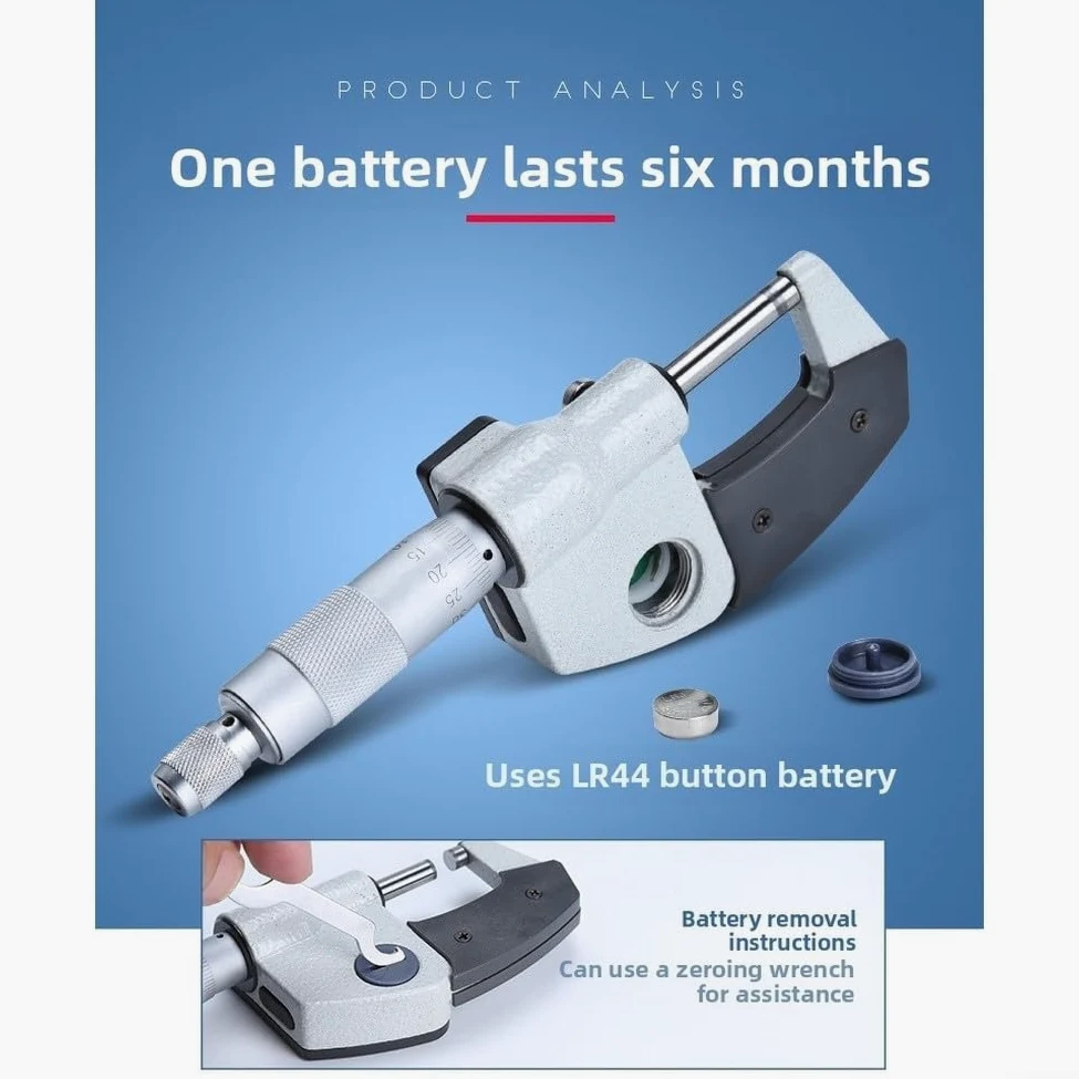 Micrómetro electrónico con pantalla digital de 0.001 mm de pulgada mm, conversión resistente al desgaste, caras de carburo, escala mecánica, respaldo plateado (50-75 mm)
