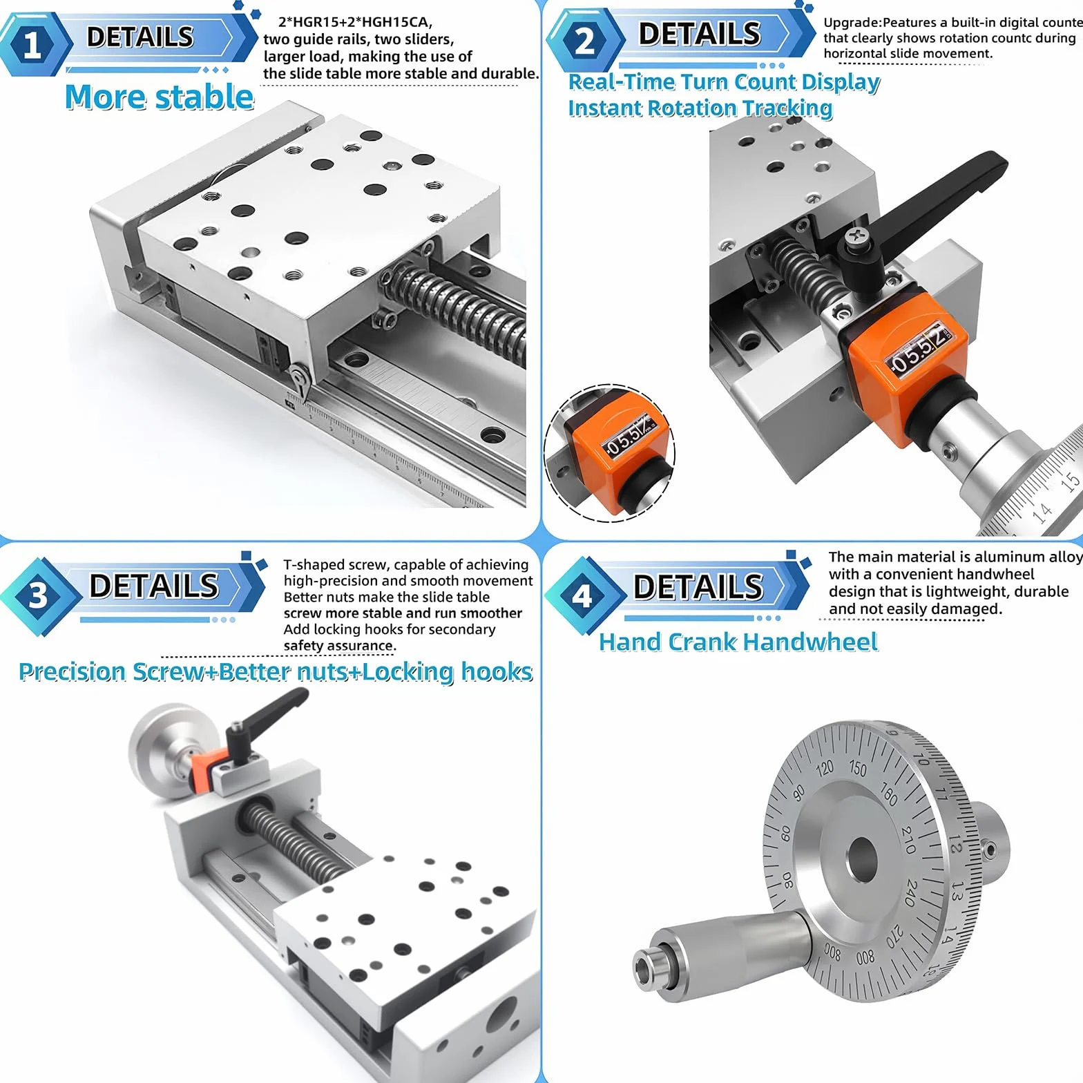 Mesa deslizante de movimiento lineal manual con autobloqueo, pantalla digital, módulo lineal, doble riel, eje Z, carga máxima horizontal: 220 lb (100 kg), 8'' (200 mm) para CNC y bricolaje.