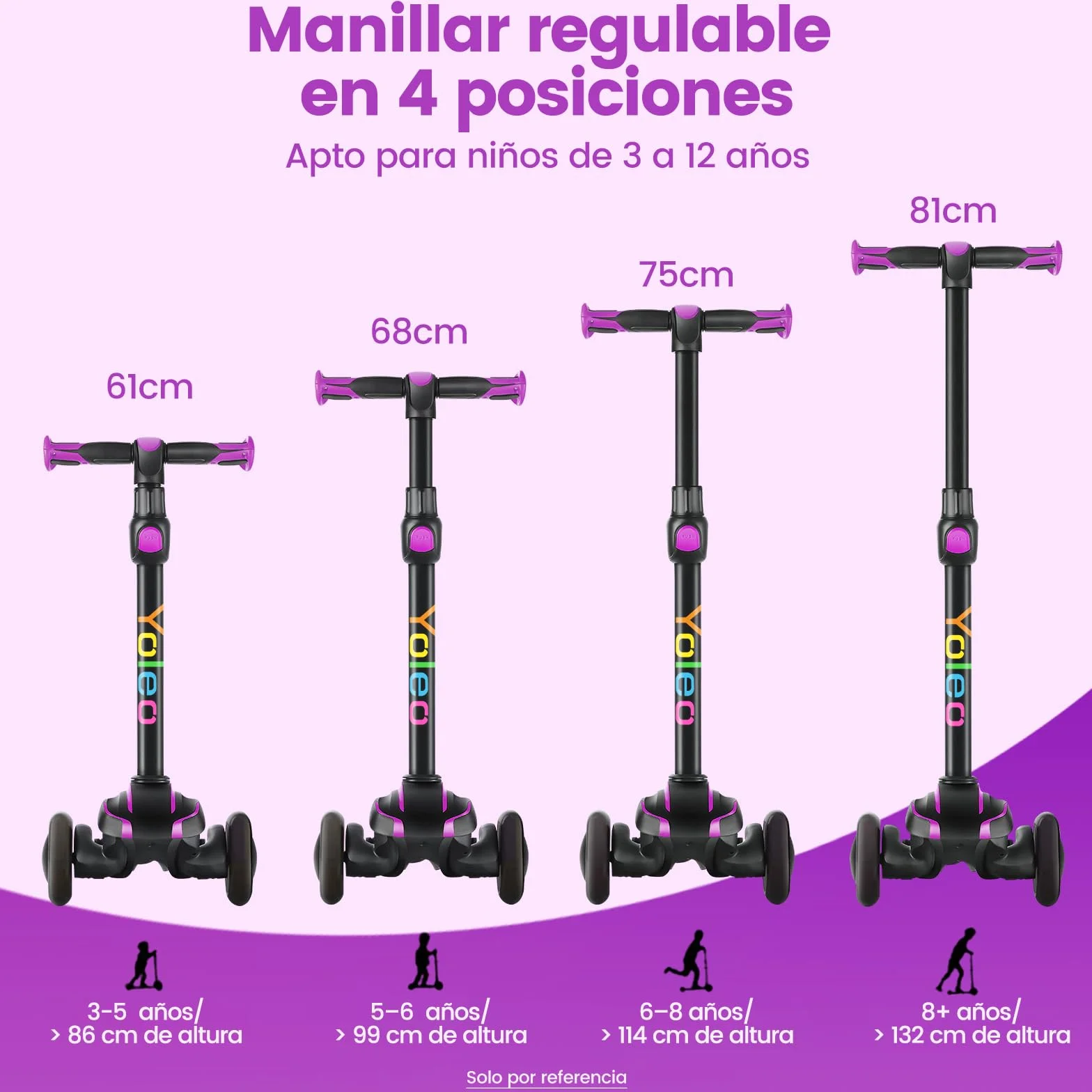 YOLEO Patinete para Niños 3-12 Años 4 Alturas Ajustables 3 Ruedas LED Amortiguador Carga 50 kg