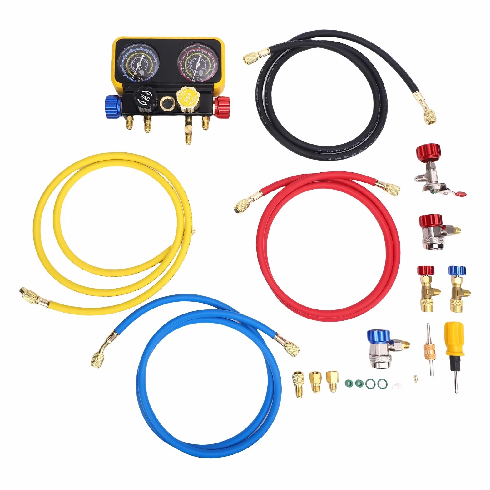 Acouto Manguetes de HVAC con Mangueras 4 Vías Manifold Latón Conjunto Servicio Pesado para el Reemplazo Refrigerantes Válvulas Seguridad Medidor Flujo Herramienta
