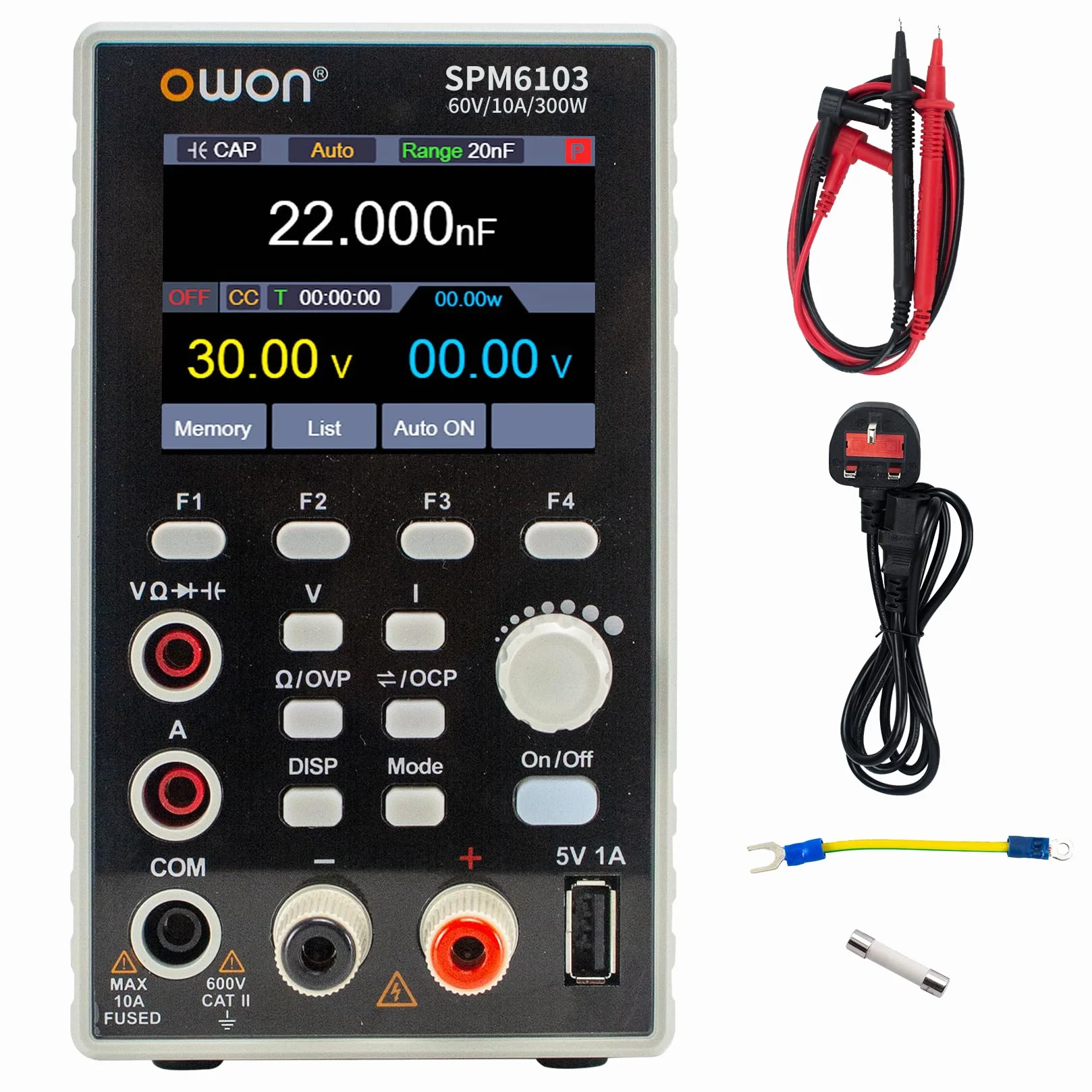OWON SPM6103 Fuente de Alimentación CC (0-60V, 0-10A), 2 en 1 Multímetro y Banco de Laboratorio con Pantalla LCD de 2.8 inch, Multímetro Digital 4 1/2