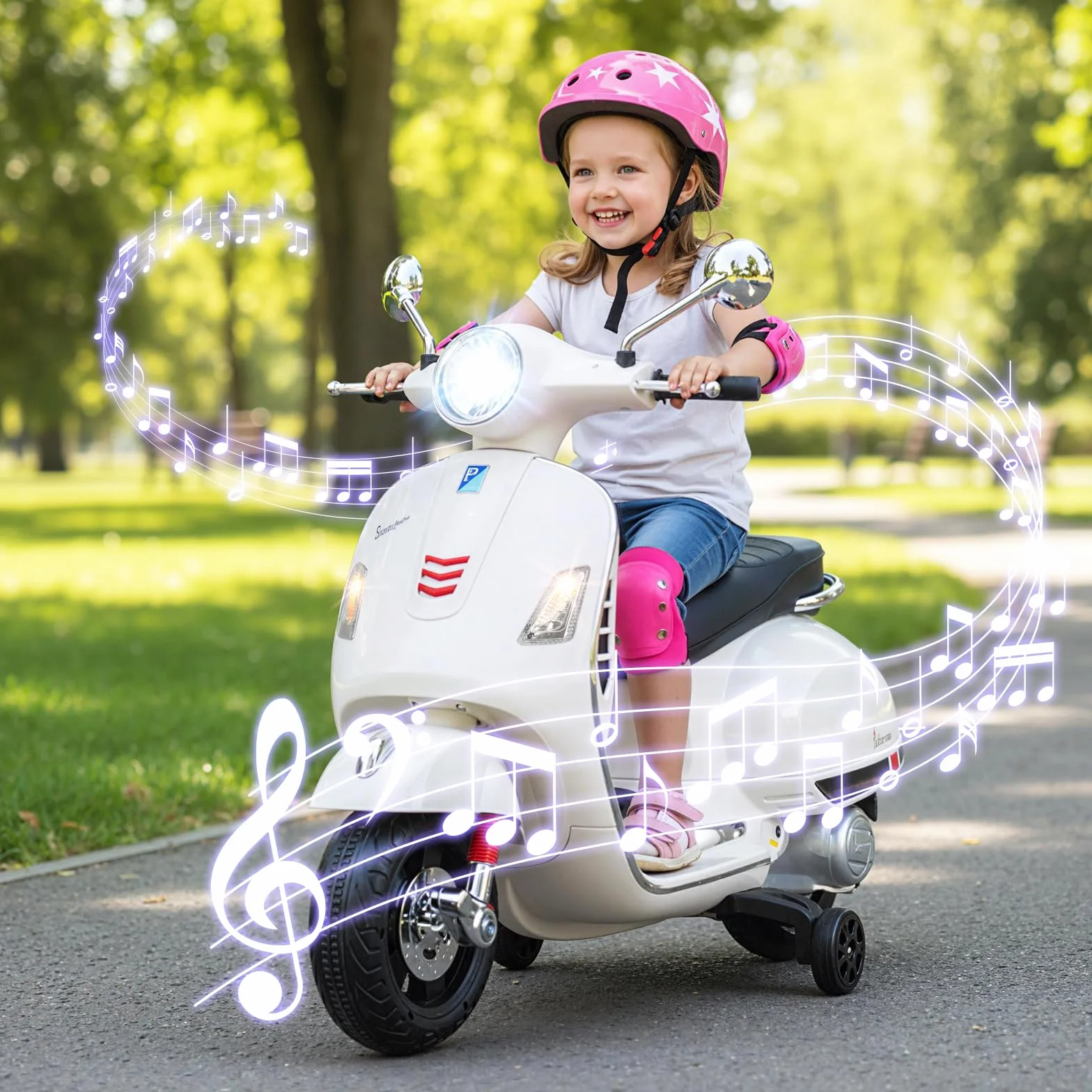 COSTWAY Moto Eléctrica para Niños Vespa 12V, 4 Ruedas, Música, Bocina, Faros, Motocicleta Infantil con Motor Doble, 3-6 Años