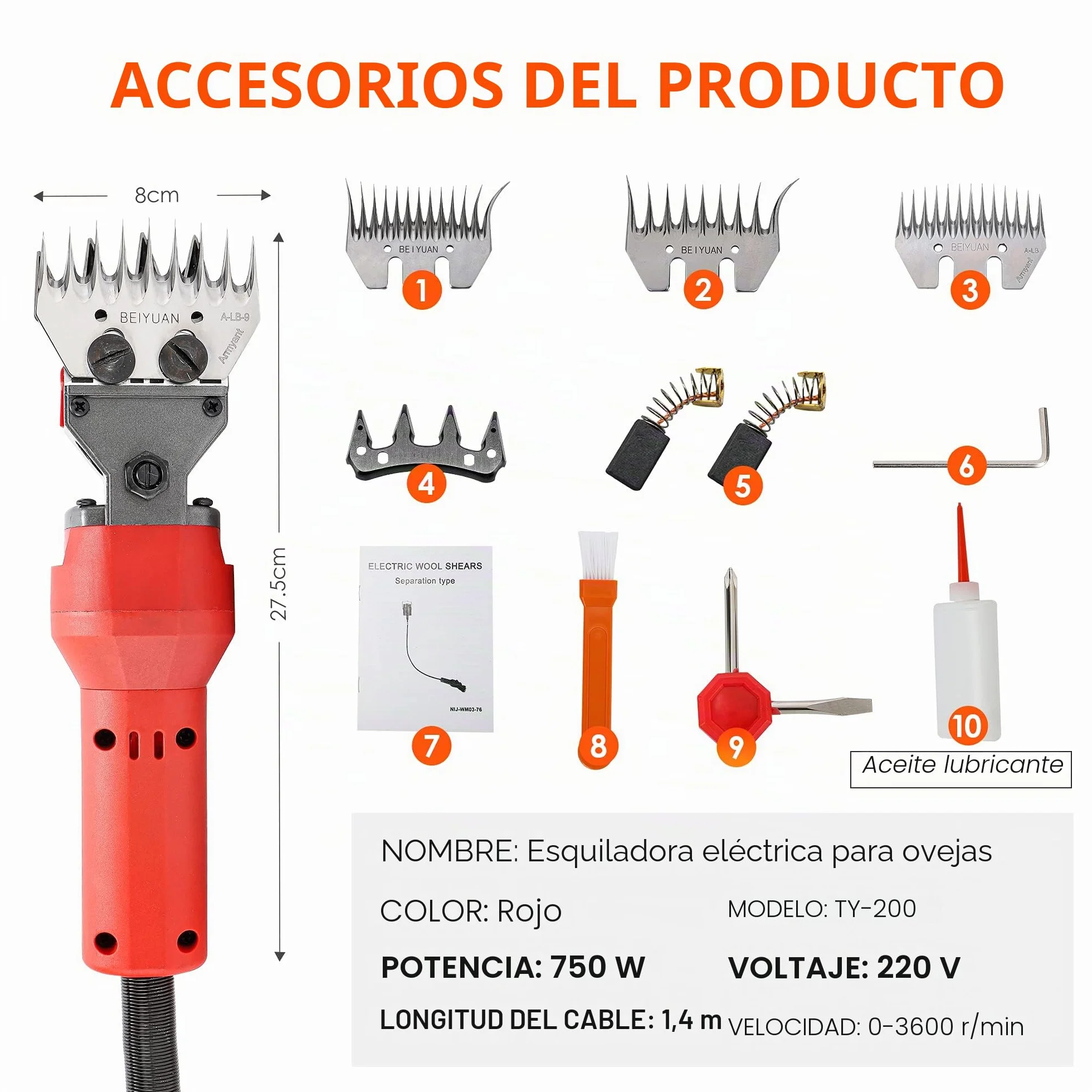 CGOLDENWALL Máquina De Esquilar Eléctrica 750w, Motor De Cobre De Alta Rendimiento 2400rpm, 4 Tipos De Cuchillas (Rectas 9&13/Curvas 9&13) Para Oveja, Cabra, Caballo, Ternera, Alpaca, Camello