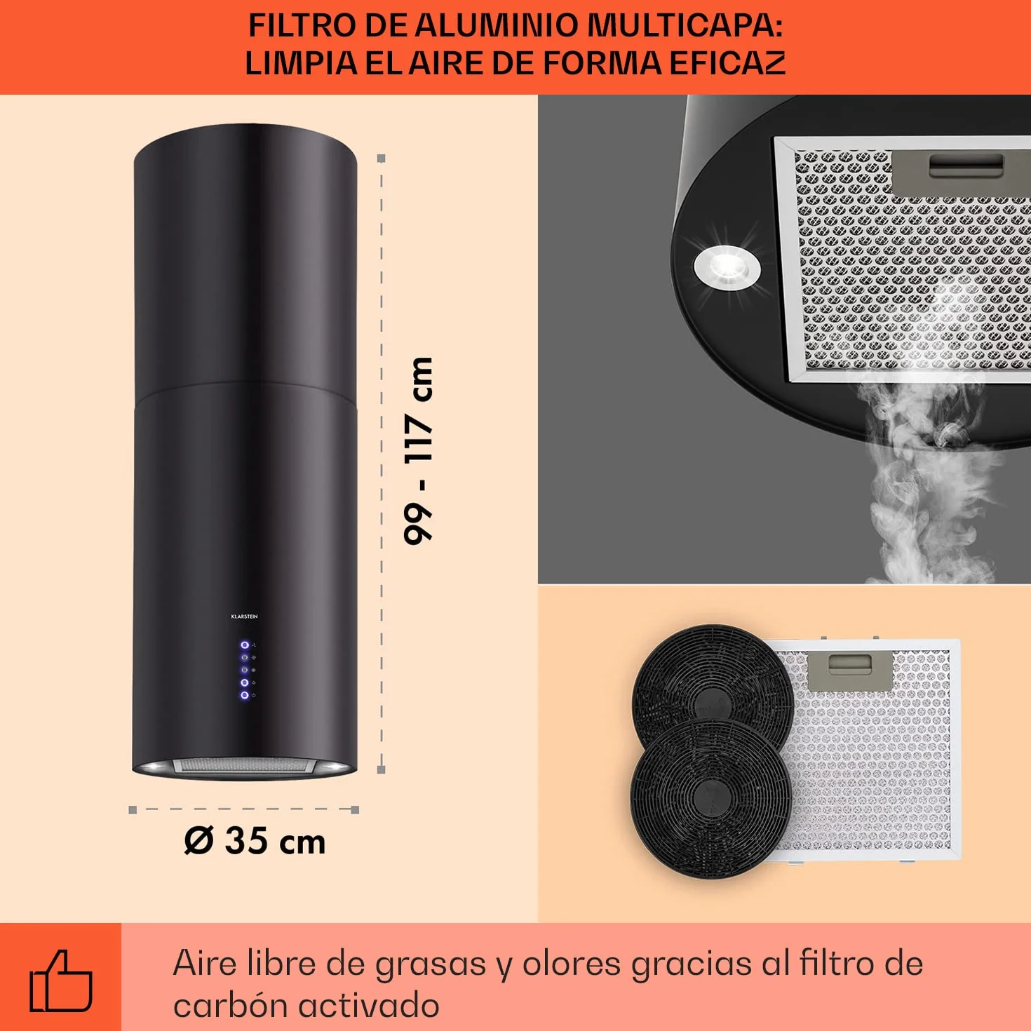 Klarstein Campana Isla Extractor 650 m³/h 3 Modos Filtros Carbón Activo Temporizador