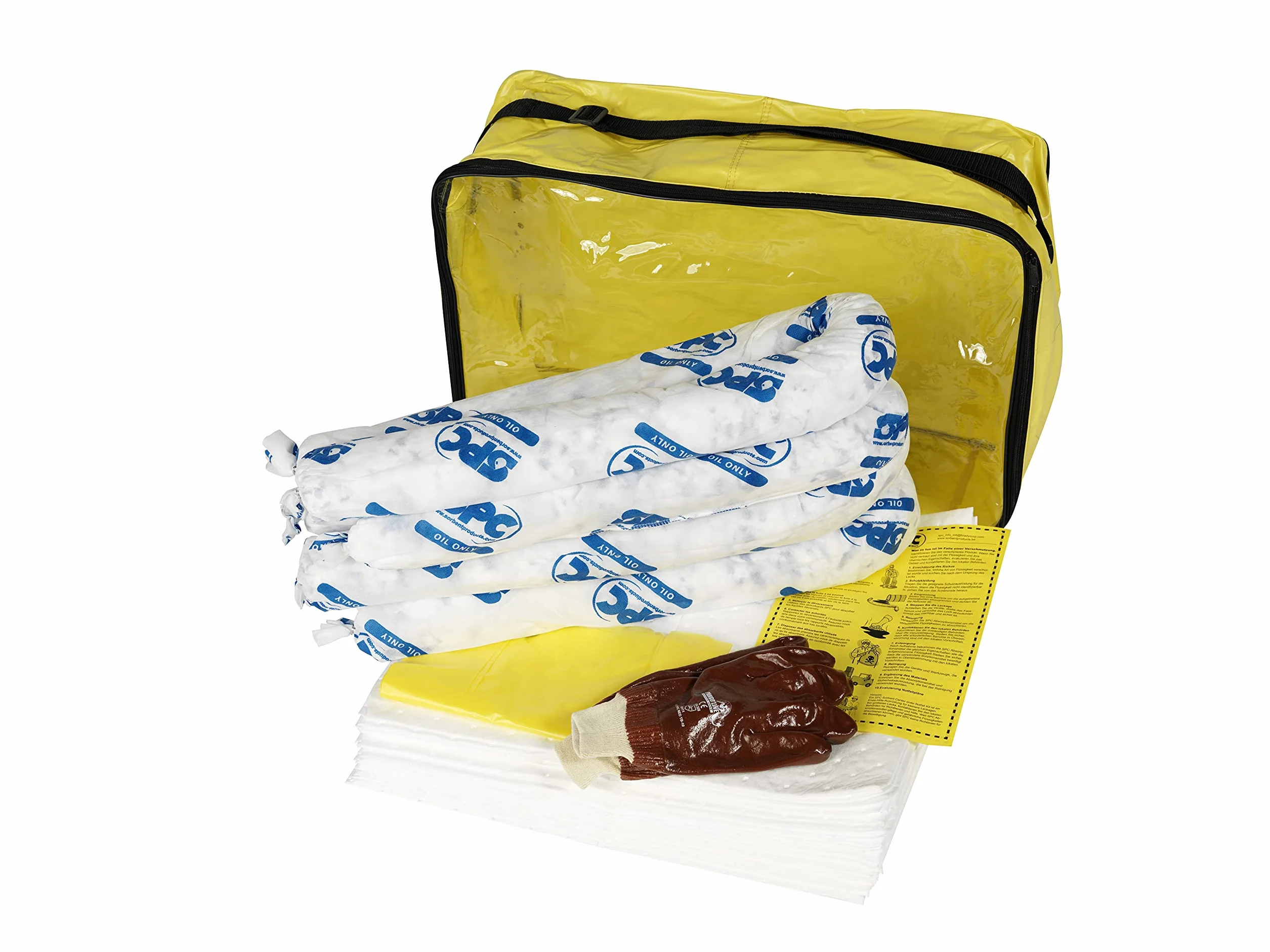 SPC® by Brady Kit Anticontaminación Aceite – Kit para Derrames de Aceite y Líquidos Derivados del Petróleo, Incluye 25 Almohadillas Absorbentes para Aceite, 4 Calcetines, Guantes y Bolsa para Desechos