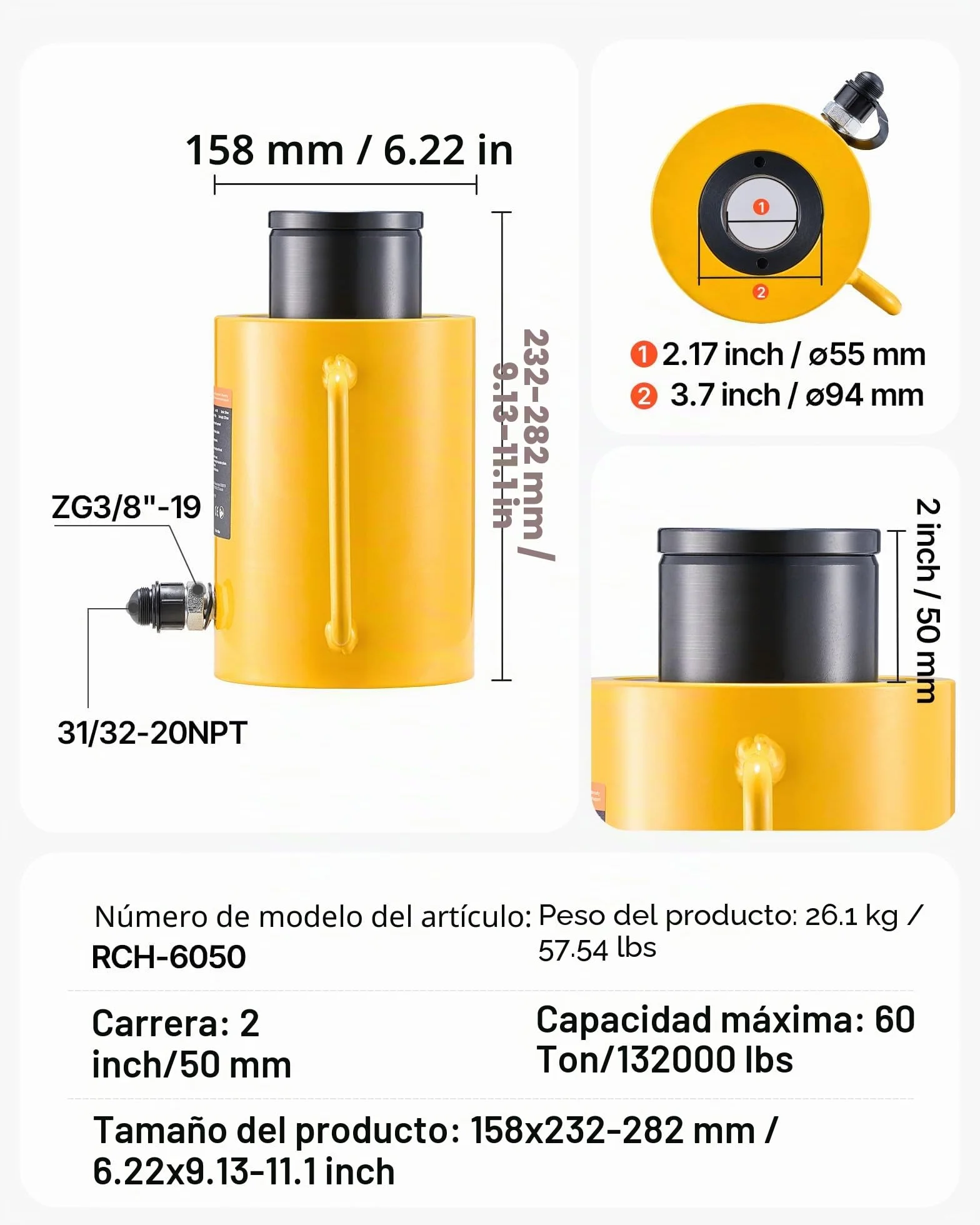 VEVOR Gato Hidráulico Carretilla Capacidad de 60 t, Gato Hidráulico para Coche, Carrera del Pistón de 50 mm, Altura Total de 230 más 12 mm, para Coche, Furgoneta, Barco, Camión, Caravana