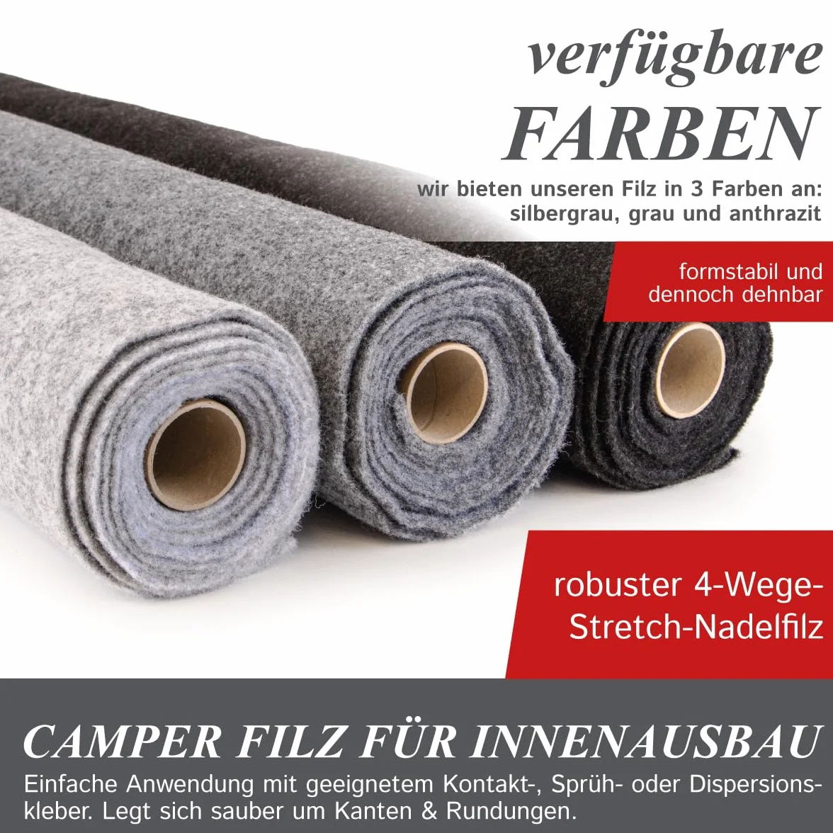 Camper Fieltro por metros sin pegamento, fieltro punzonado flexible para la expansión y el interior del coche, 3 mm de grosor, fabricado en Alemania, gris, 350 cm x 200 cm