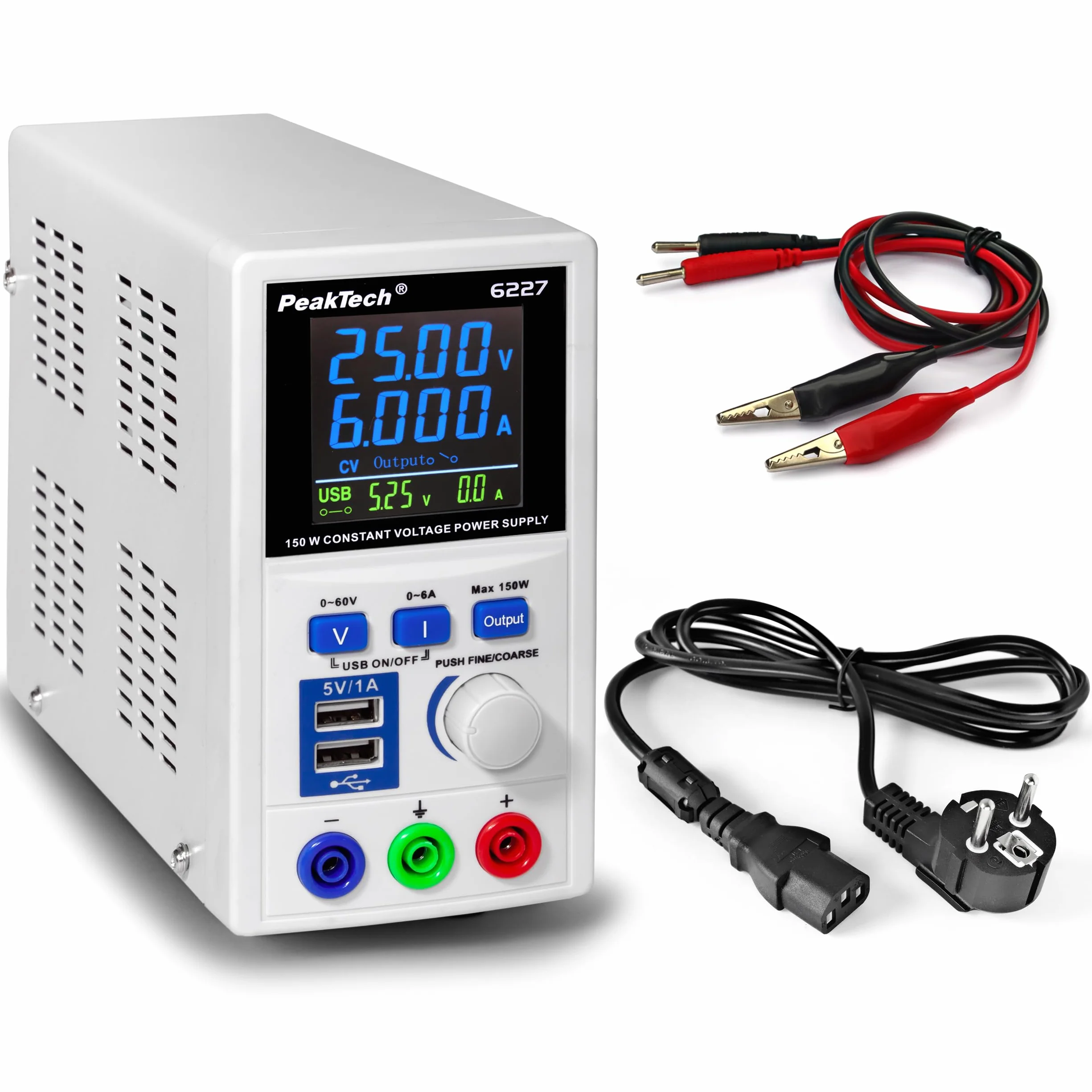 PeakTech P 6227 - DC switching power supply 0-60 V / 0-6 A with color LCD & 2 x USB