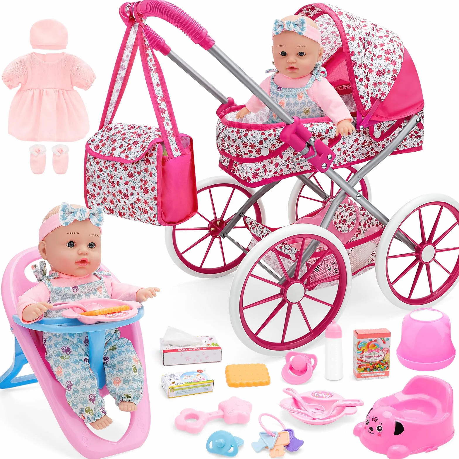 deAO Carrito Bebe Juguetes 31cm Muñecos Bolso Accesorios Ropa Muñecas