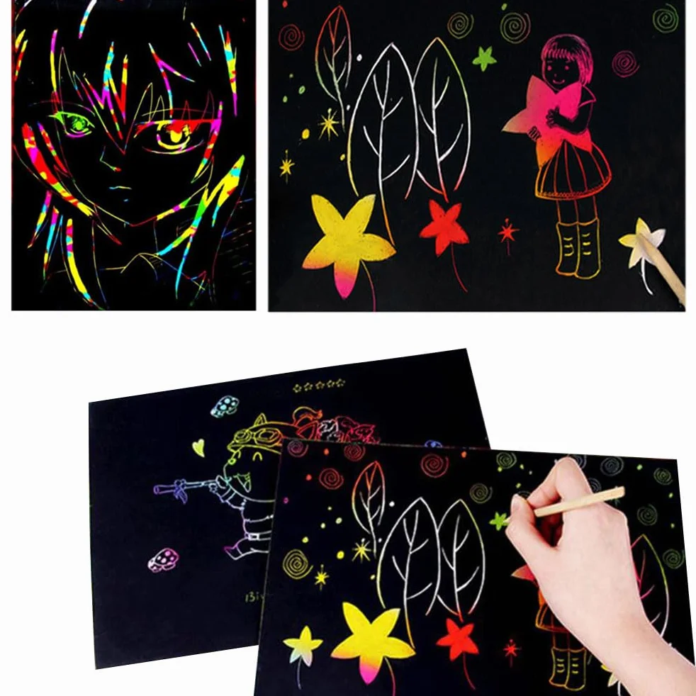 100 Hojas Dibujo Scratch Art Paper Láminas para Rascar Creativas con 4 Plantillas y 10 Lápices de Madera