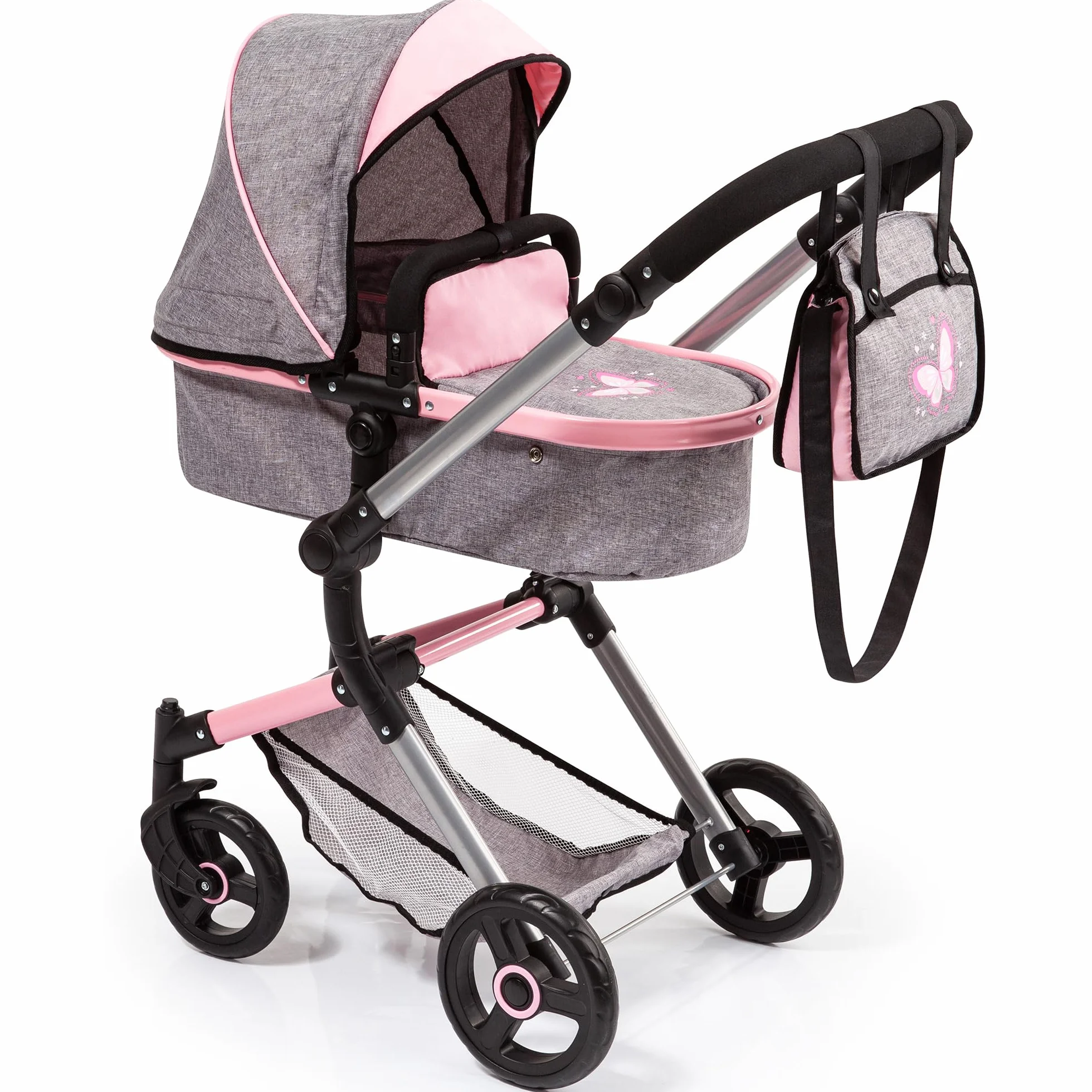 Bayer Design Cochecito de Muñecas Neo Vario Combolso Cambiador Convertible Plegable Vaqueros Grises Rosa Mariposa