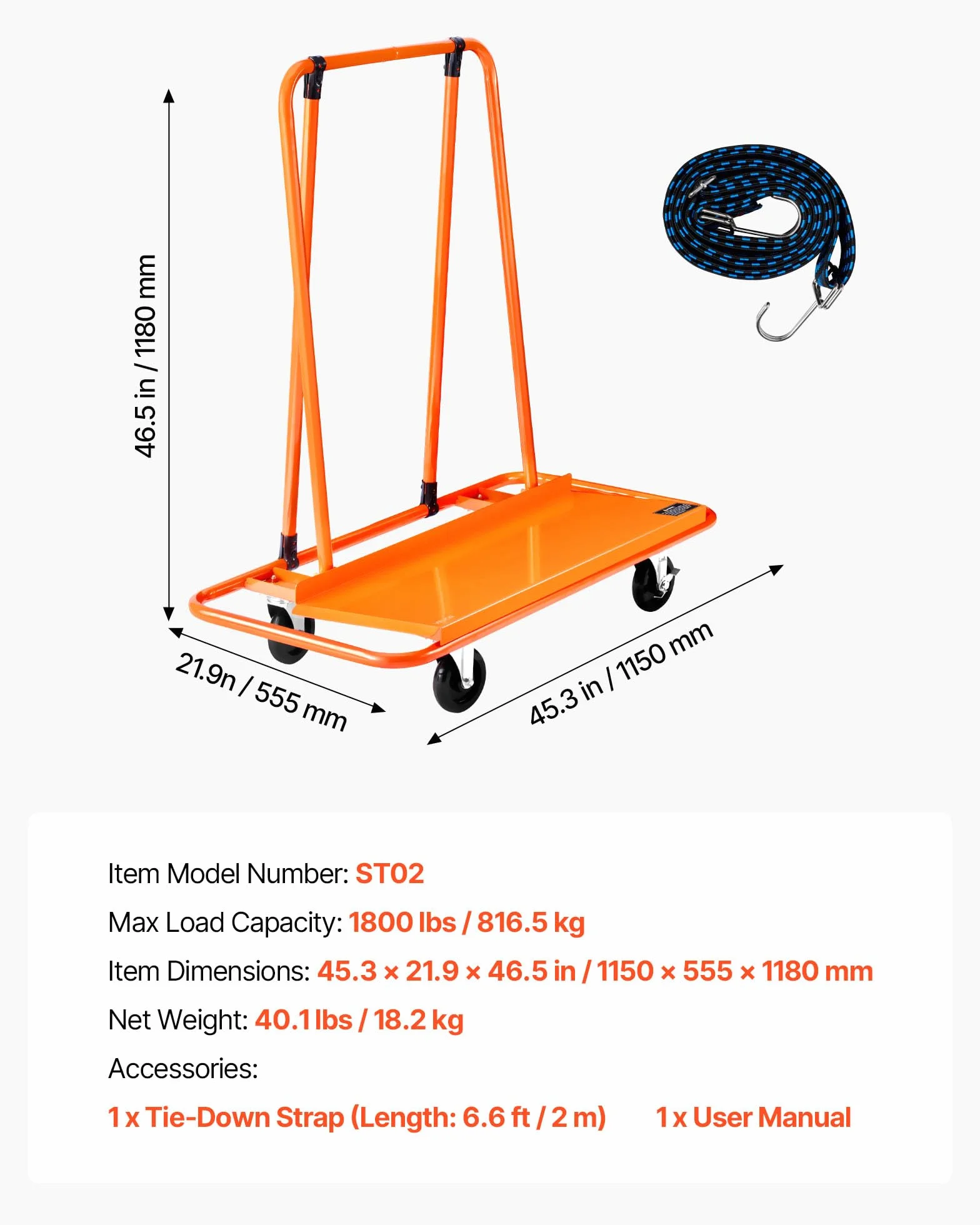 VEVOR Carro para Paneles 816 kg 4 Ruedas Giratorias Correa de Tensión 1150 x 555 x 1180 mm Naranja