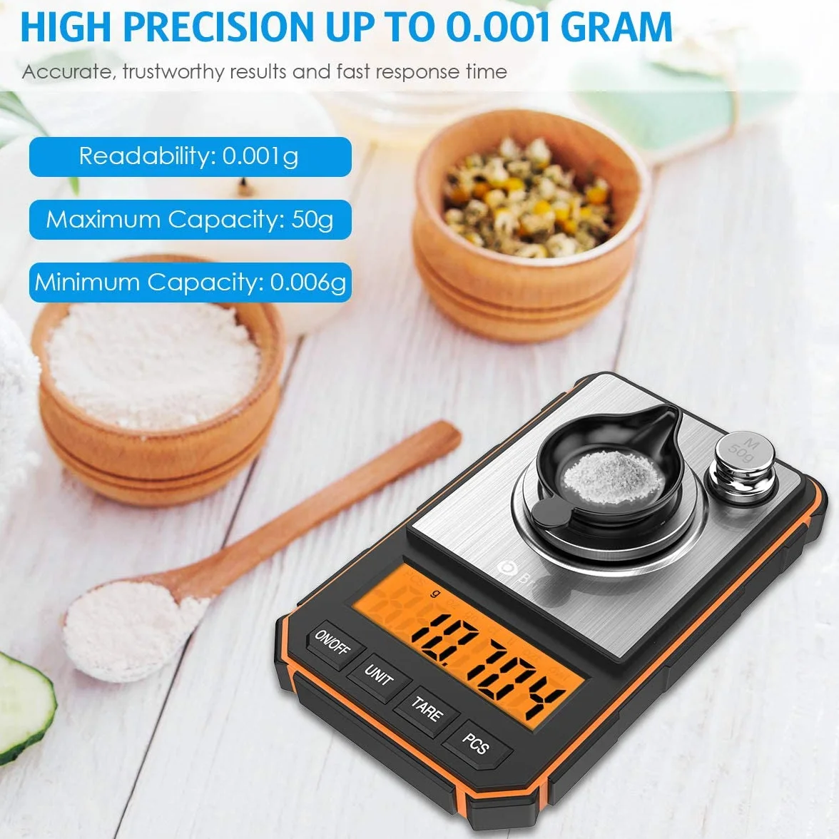 Brifit Báscula de Precisión Digitale, 50g/0.001g Balanzas de Portátiles con Peso de Calibración de 50g, Pinzas, Plato de Pesaje (Batería Incluida, Naranja)