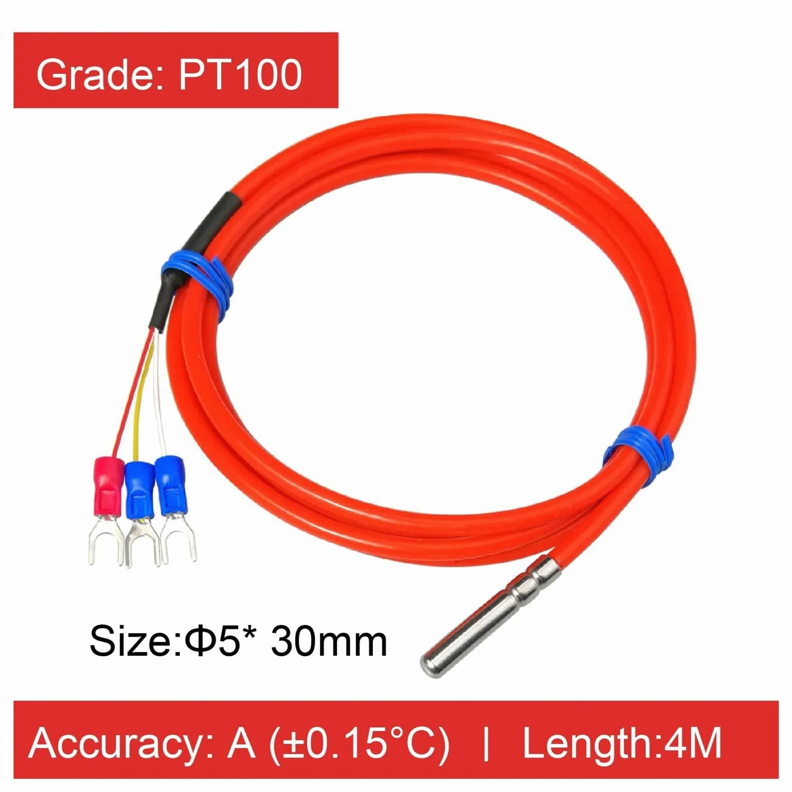 Sensor de Temperatura, Sensor PT100, sonda Cable Silicona, RTD Industrial Resistente al Calor y Aceite Acero Inoxidable(4 M)