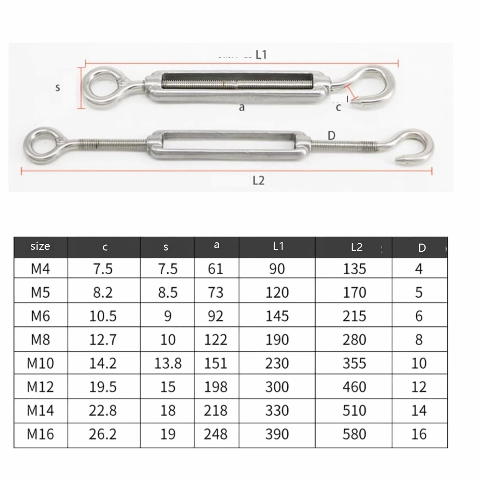 1 tensor de gancho M4-M27 de acero inoxidable 304 for tensores de cables, tensores for velas de sombra y tendederos.(M22)