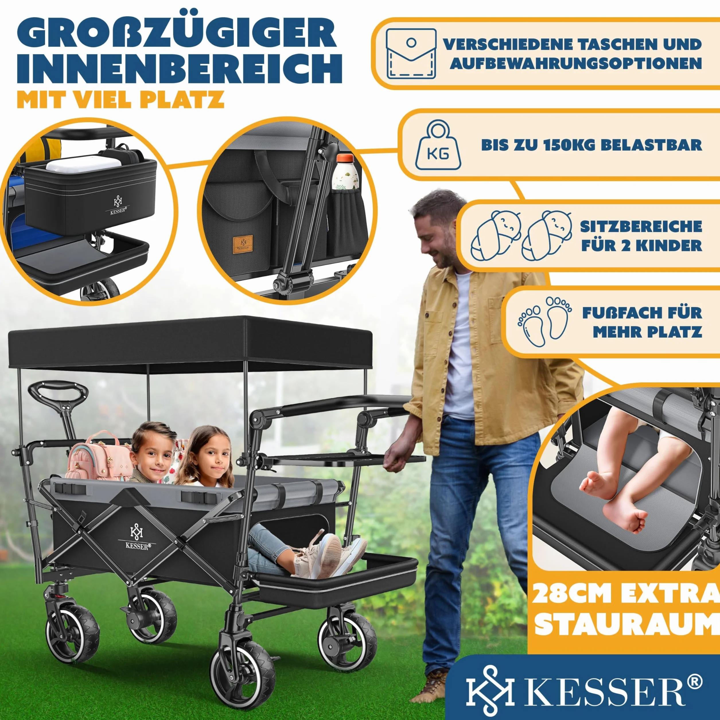 KESSER Carro plegable GTS-9100 con techo, carro de transporte, plegable, soporta hasta 150 kg, con ruedas de goma dura y frenos de estacionamiento delantero/trasero, incluye cerradura, cubierta, clima