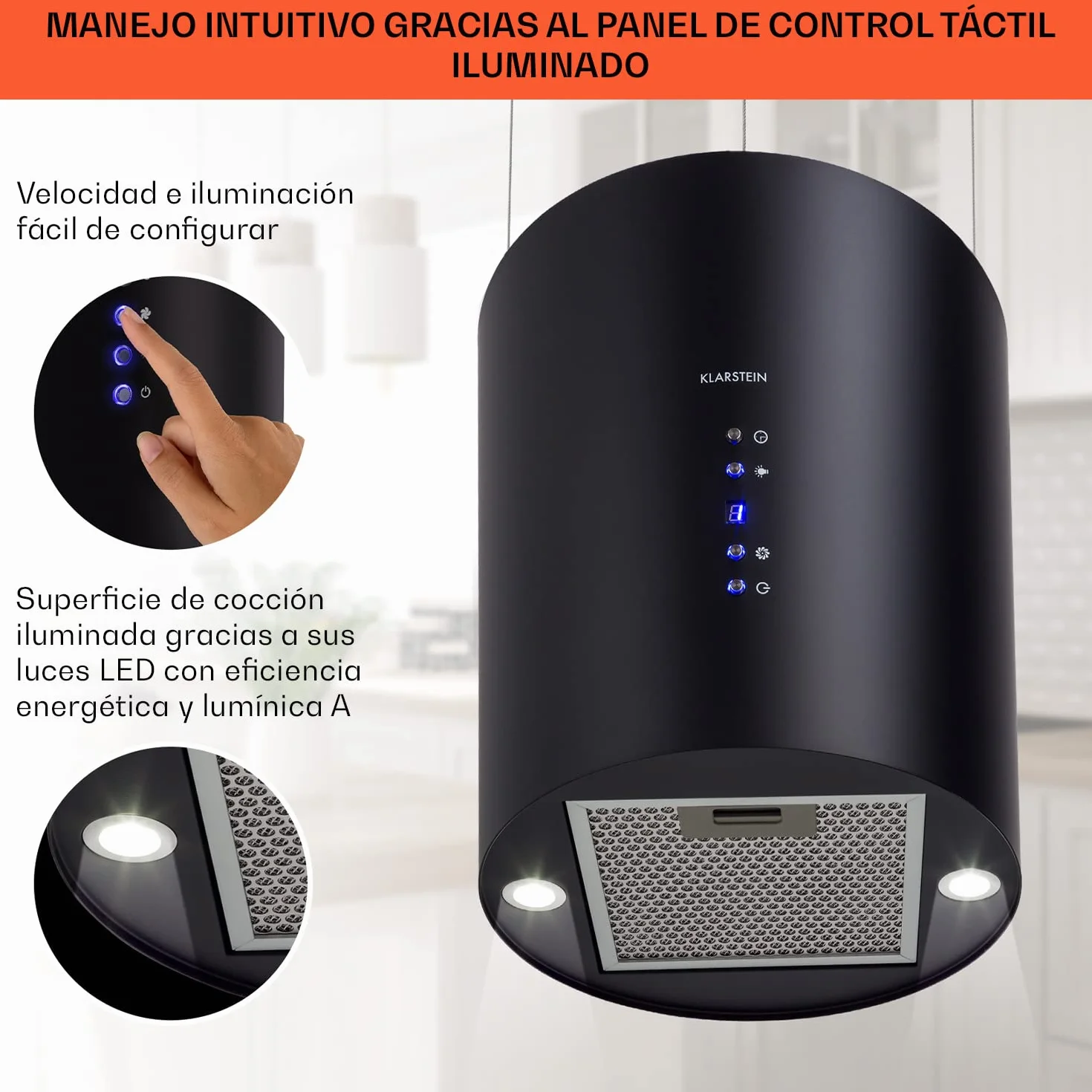 Klarstein Campana Isla Extractor 650 m³/h 3 Modos Filtros Carbón Activo Temporizador